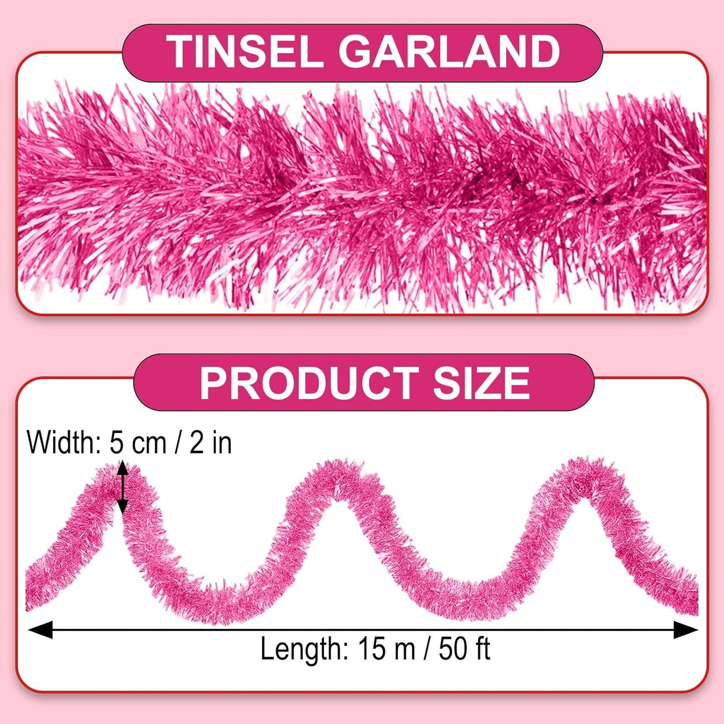 50 Feet Pink Christmas Tinsel Garland, Metallic Foil Twist Garland Wall Hanging Tinsel Banner Backdrop for Parade Floats, Easter, Mother's Day, Wedding Party Decorations (2in x 50ft)