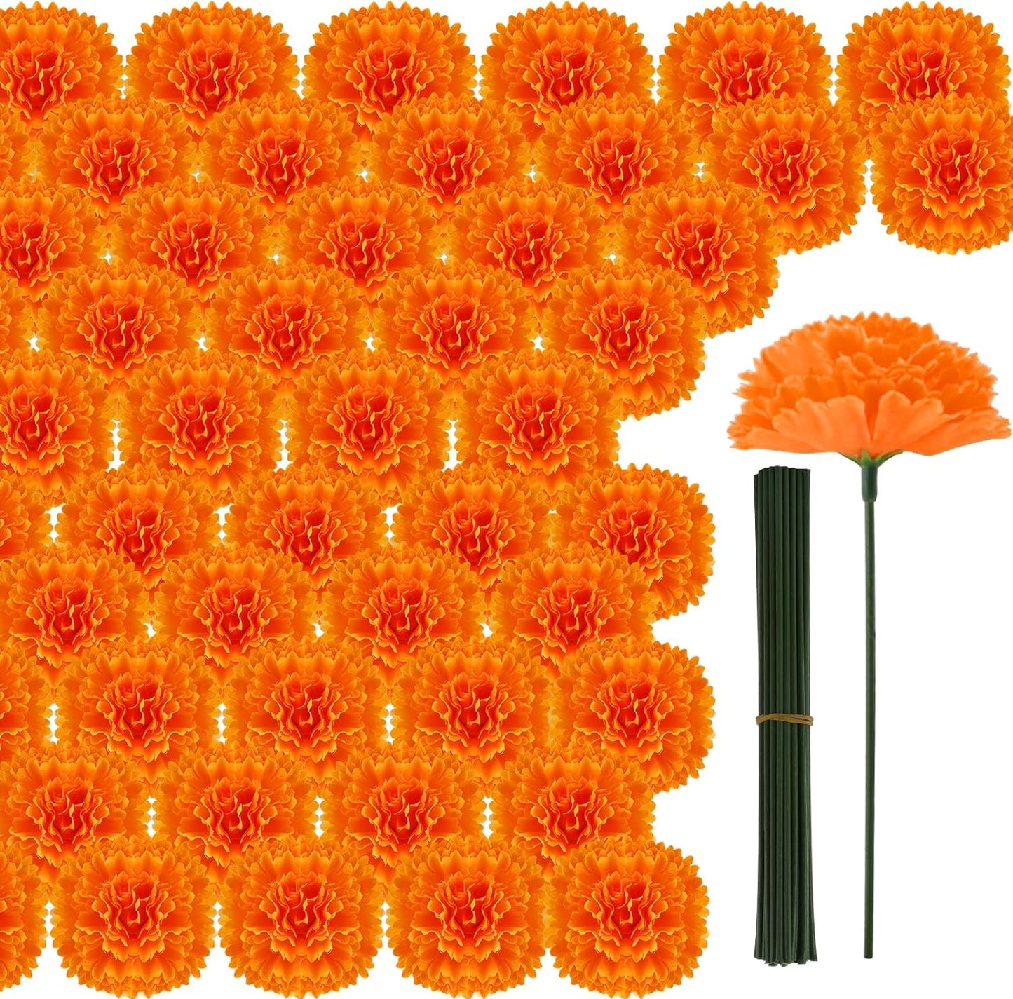 Hananona 100 Pcs Marigold Flower Heads Bulk, Silk Marigold Heads Artificial Flowers for Diwali Home Decor DIY Wreath Garland Day of The Dead Decoration (100, Orange)