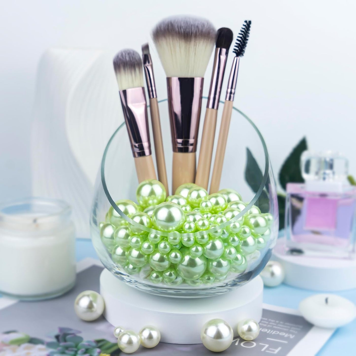 300Pcs Light Green Polished No Hole Faux Pearl Beads for Vase Filling Decorations, Plastic Pearls Vase Fillers, Table Scatters, Wedding Centerpiece, Home Decor, 8/14/20 mm