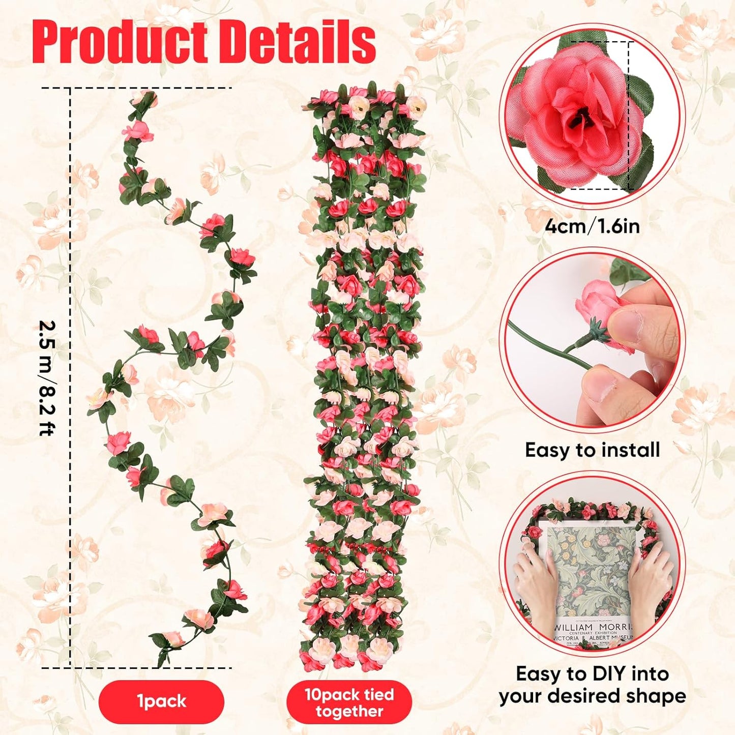 10 Pcs 82FT Flower Garland, Artificial Rose Garland Flowers Plants Fake Flower Hanging Rose Ivy, Birthday Party Valentine's Day Wedding Wall Arch Decor