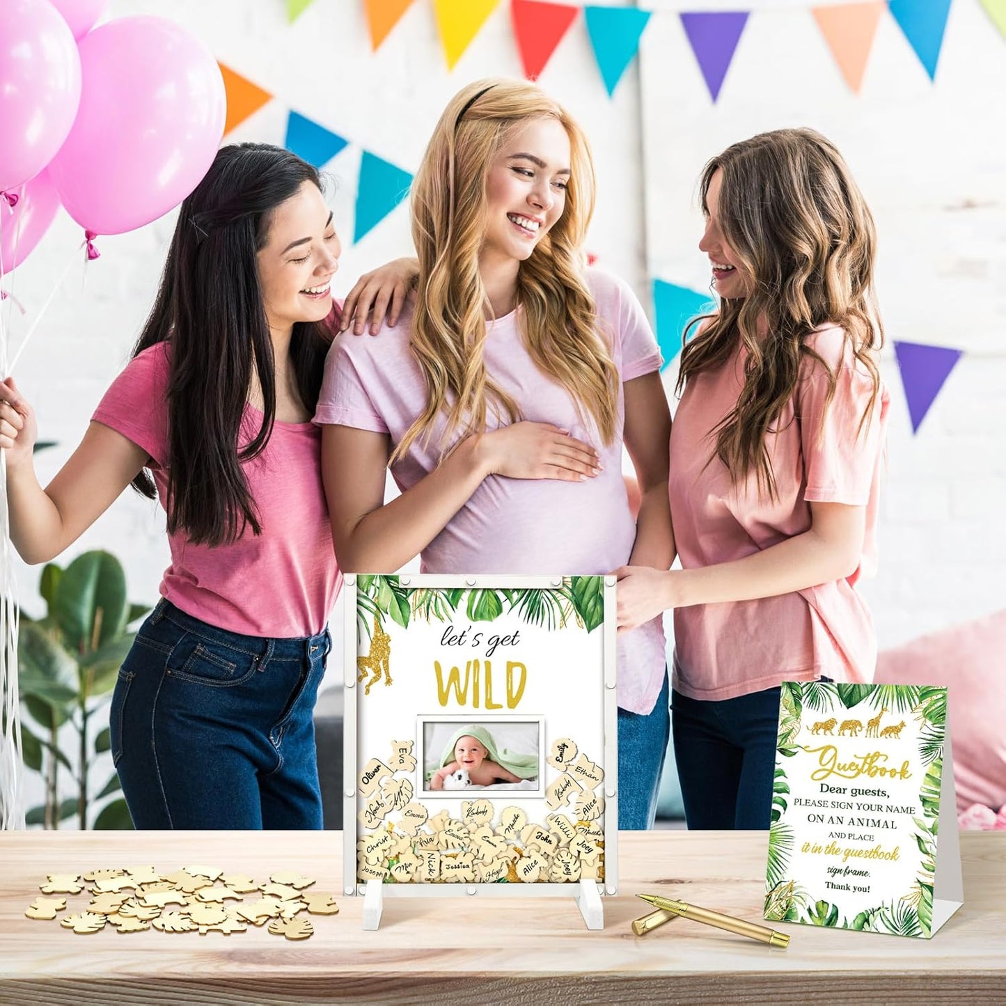 65 Pcs Jungle Animal Baby Shower Guest Book Alternatives He or She Gender Reveal Baby Shower Decorations Sign in Guest Book with Picture Frame and 60 Wooden Chip Let's Get Wild Decorations