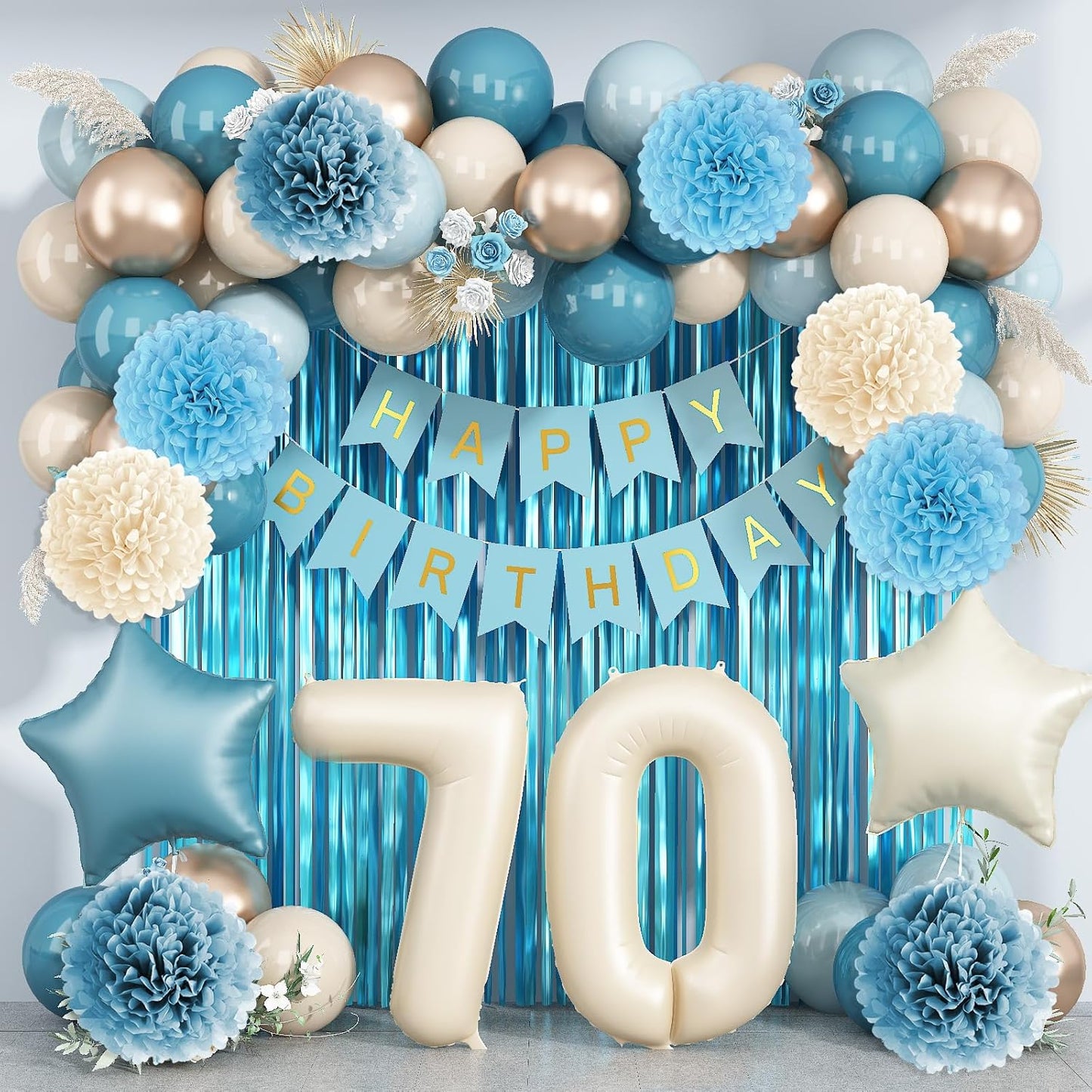 Dusty Blue 70th Birthday Party Decorations for Women Men Beige Cream Number 70 Balloon with Blue Gold Happy Birthday Banner Fringe Curtain Paper Pom Poms Nude White Sand Champagne Star Foil Balloons