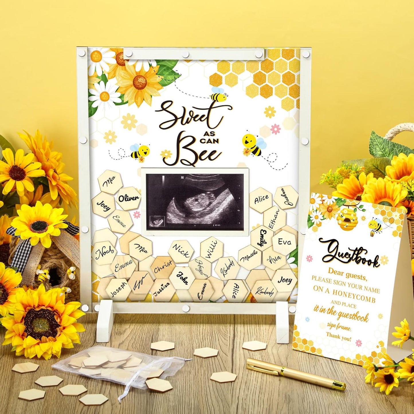 65 Pcs Baby Shower Guest Book Alternatives He or She Gender Reveal Baby Shower Decorations Sign in Guest Book with Picture Frame and 60 Wooden Chip Sweet as Can Bee Decorations