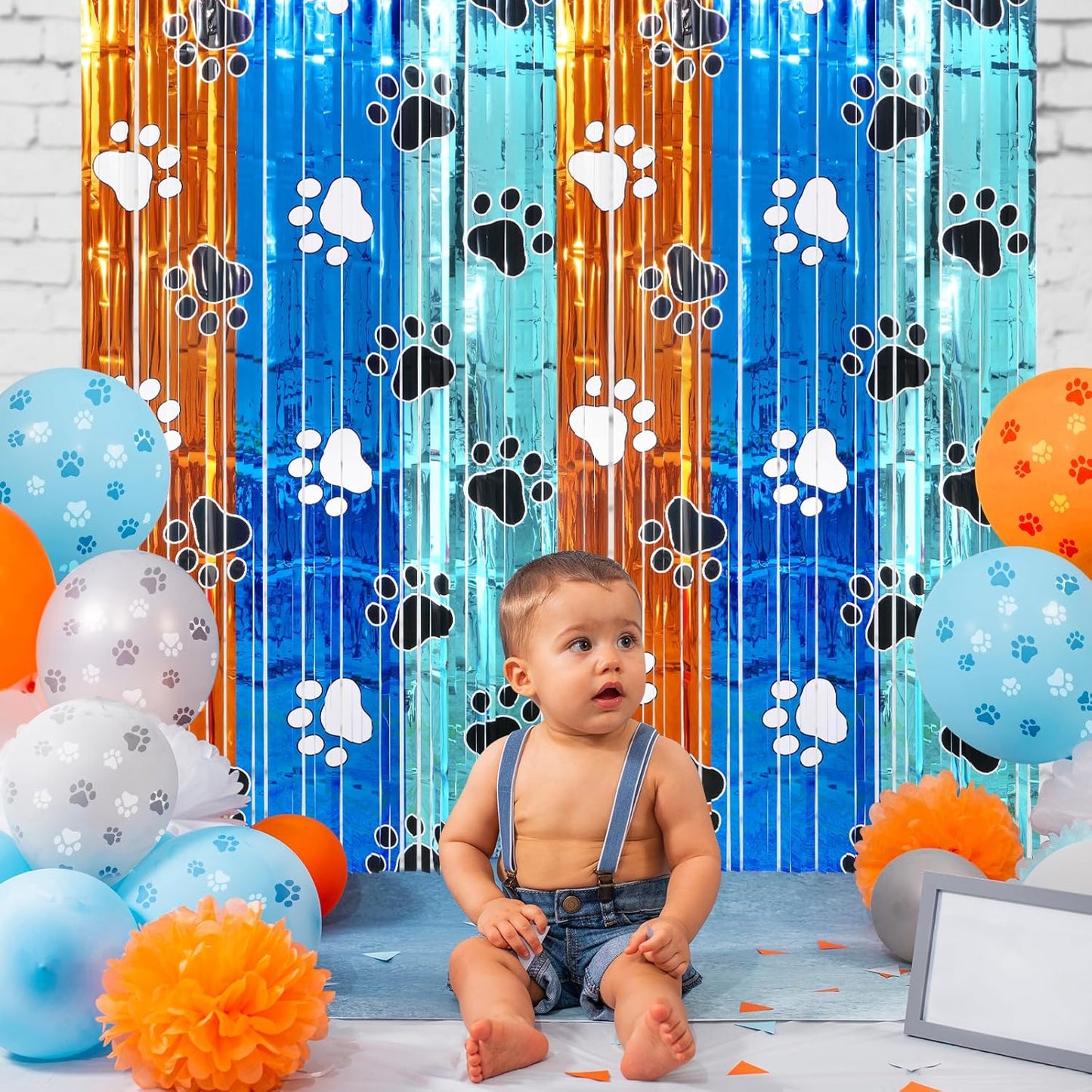 2 Pack 3.3X6.6Ft Blue Dog Foil Fringe Curtains Backdrop Decorations, Orange and Blue Paw Printed Birthday Tinsel Metallic Streamers Photo Booth Backdrop for Dog Theme Birthday Party Supplies