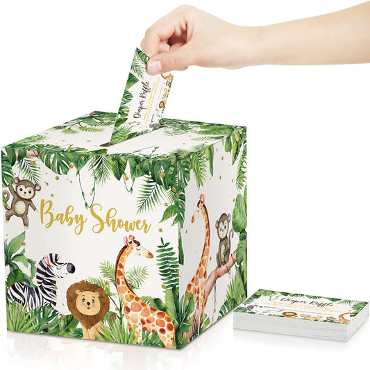 51 Pieces Woodland Baby Shower Card Box and Advice Cards, Diaper Raffle Game Box Tickets, Animals Safari Creatures Party Decorations for Baby Shower, Birthday, Gender Reveal (Jungle Animal Theme)