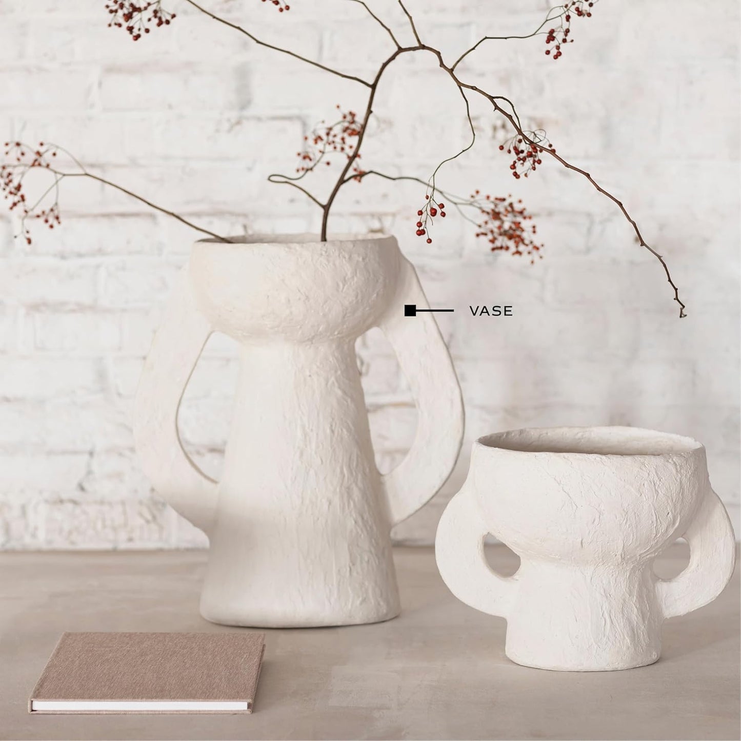 Serax Decorative Vase with Handles | Earth interior accessories by Marie Michielssen | White Paper Mache Home Decor Living Room on Coffee Table | Kitchen Decorations | Entryway Table Decor Shelf Pot L