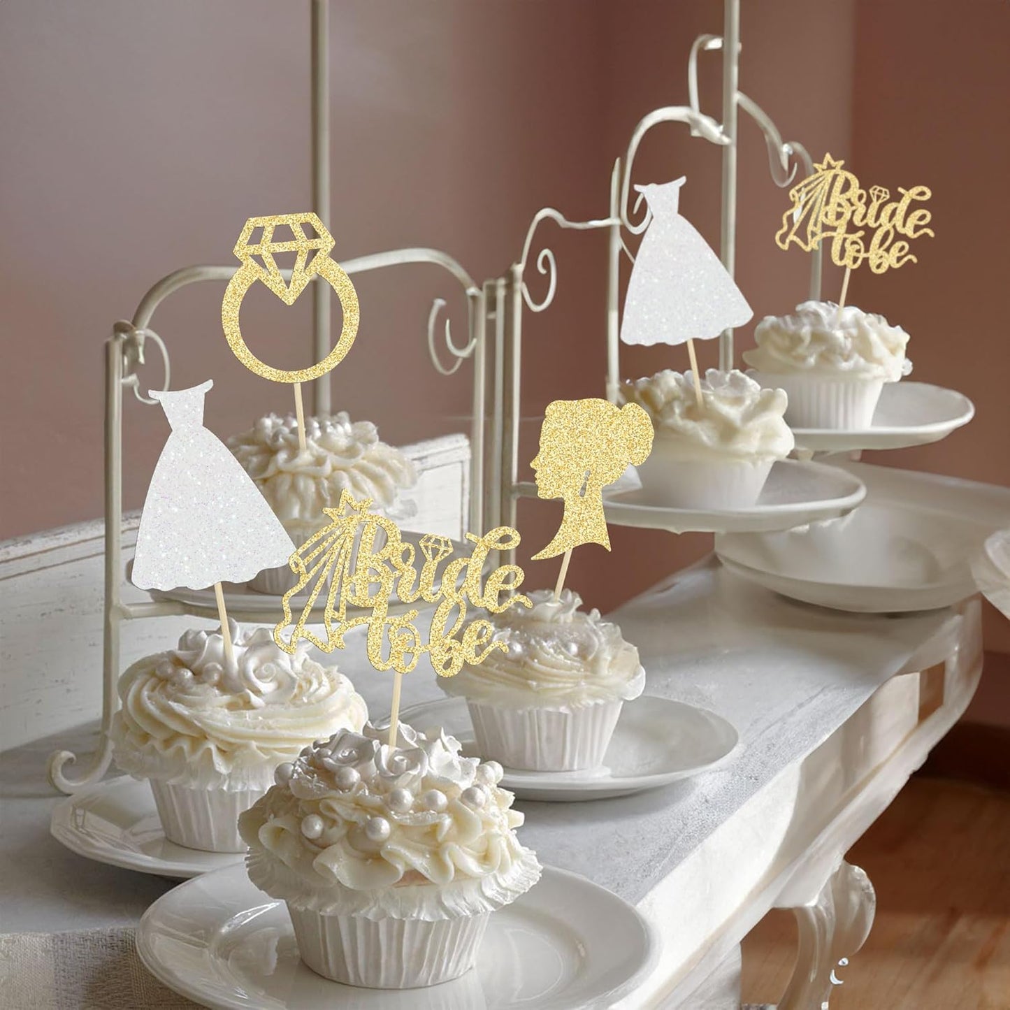 Gyufise 24 Pack Gold Glitter Bride To Be Cupcake Toppers with Diamond Bride Tulle Dress Cupcake Toppers for Bridal Shower Supplies Wedding Engagement Bachelorette Party Decorations