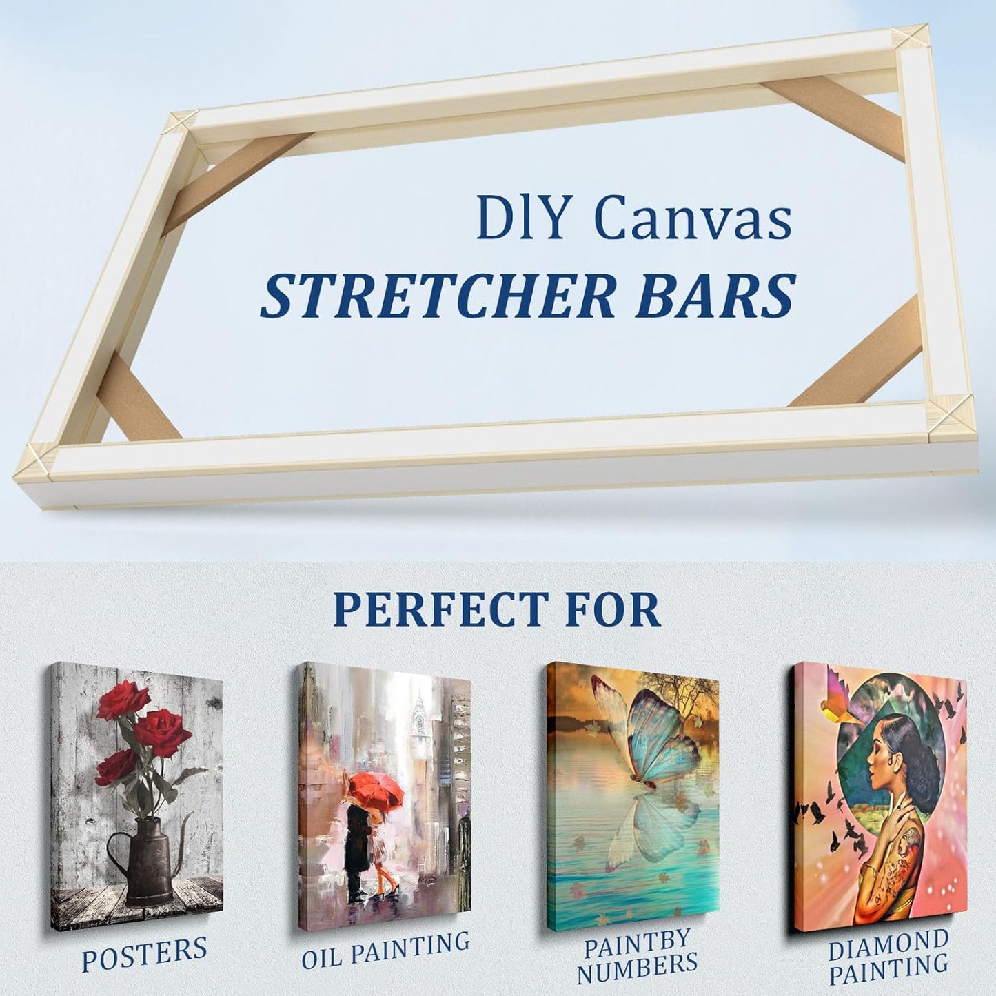 4pcs DIY Wooden Canvas Stretcher Bars Canvas Frame Kit for Gallery Wraps – Sturdy Solid Wood Bars for Oil Paintings, Gallery, Posters, Diamond Painting, Home Studio Wall Decor