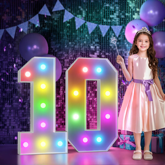 Marquee Numbers 10th-Birthday Decoration: Colorful 3FT Large Light Up 10 Year Old Birthday Decorations Anniversary Backdrop for Boys Girls Cardboard Sign 18 Colors Number 10 Mosaic Balloon Frame