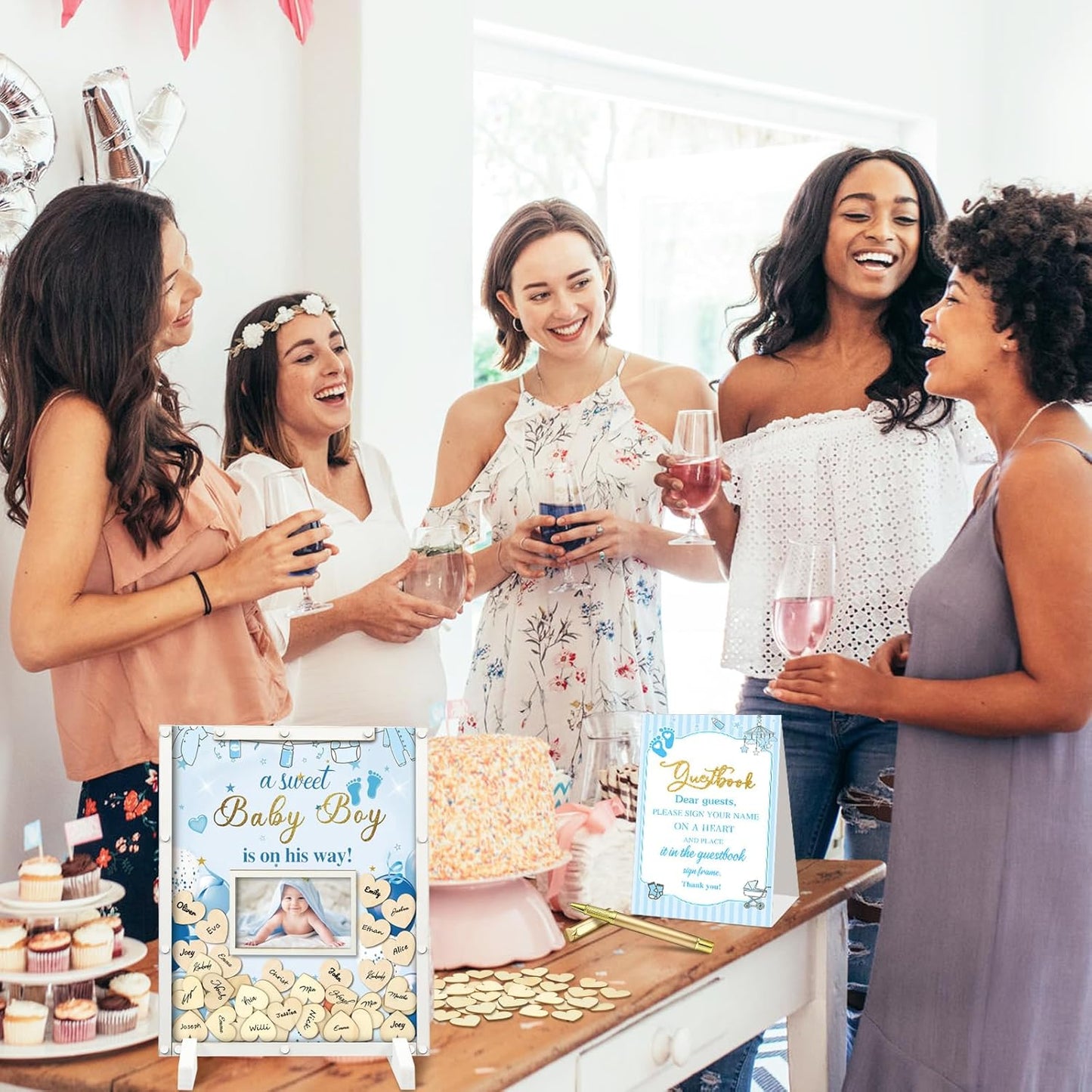 65 Pcs Blue Baby Shower Guest Book Alternatives He or She Gender Reveal Baby Shower Decorations Sign in Guest Book with Picture Frame and 60 Wooden Chip