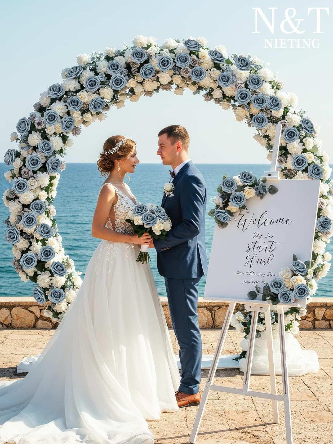 N&T NIETING Artificial Flowers, 50pcs Foam Roses Fake Flowers DIY Wedding Party Cake Decoration, Home Display, Dusty Blue Gray