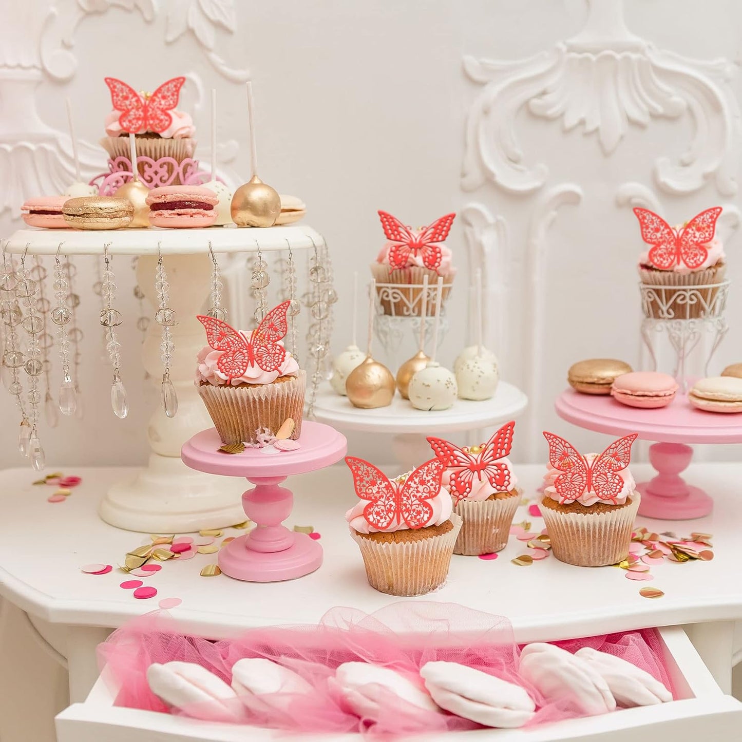 Gyufise 36 Pack Red Glitter 3D Butterfly Cupcake Toppers Hollow Cake Decorations for Birthday Wedding Fairy Party Wall Sticker Decal