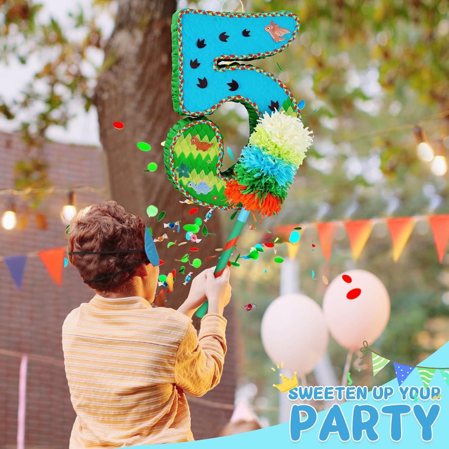 Number 5 Pinata for Birthday Party Decorations, Jungle Dinosaur Piñata Games Toy (5th)