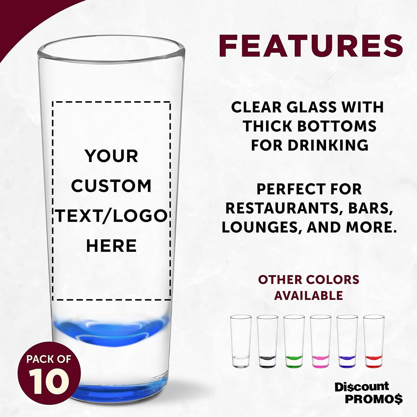 Custom Cordial Shooter Shot Glasses 2 oz. Set of 10, Personalized Bulk Pack - Great for Birthdays, Parties, Indoor & Outdoor Events - Blue