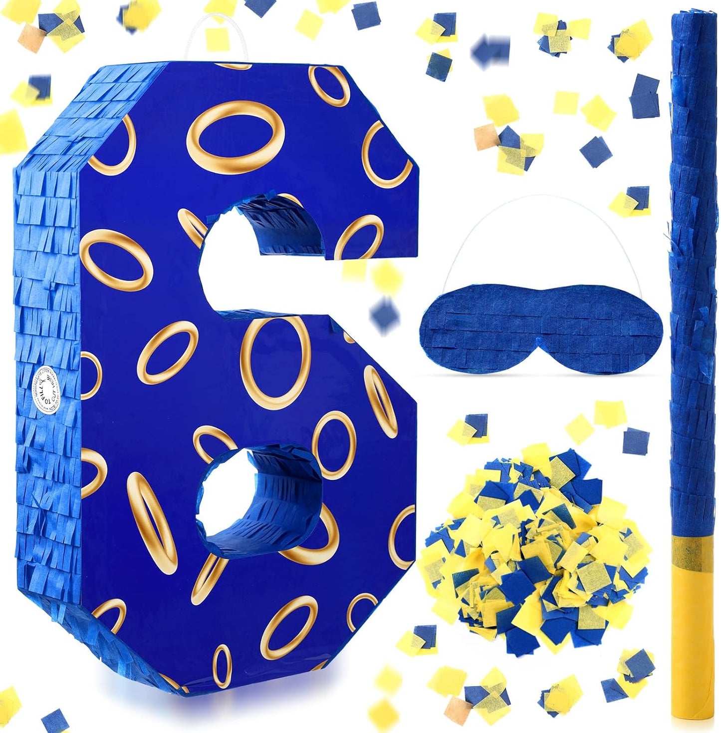 Number 6 Blue and Golden Rings Piñata for Kids Birthday Cartoon Theme Small Piñata with Blindfold Stick Confetti for Fiesta Cinco De Mayo Party Decor, 15.8 x 11 x 2.8 Inch