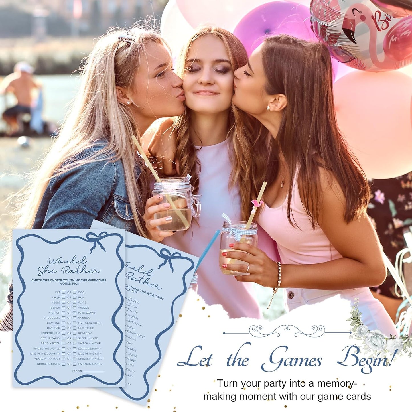 DEEKA 30 PCS Bridal Shower Games Card for 30 Guests Blue Wavy Border Ribbon Bow Funny Wedding Bachelorette Party Games for Reception (Would She Rather)