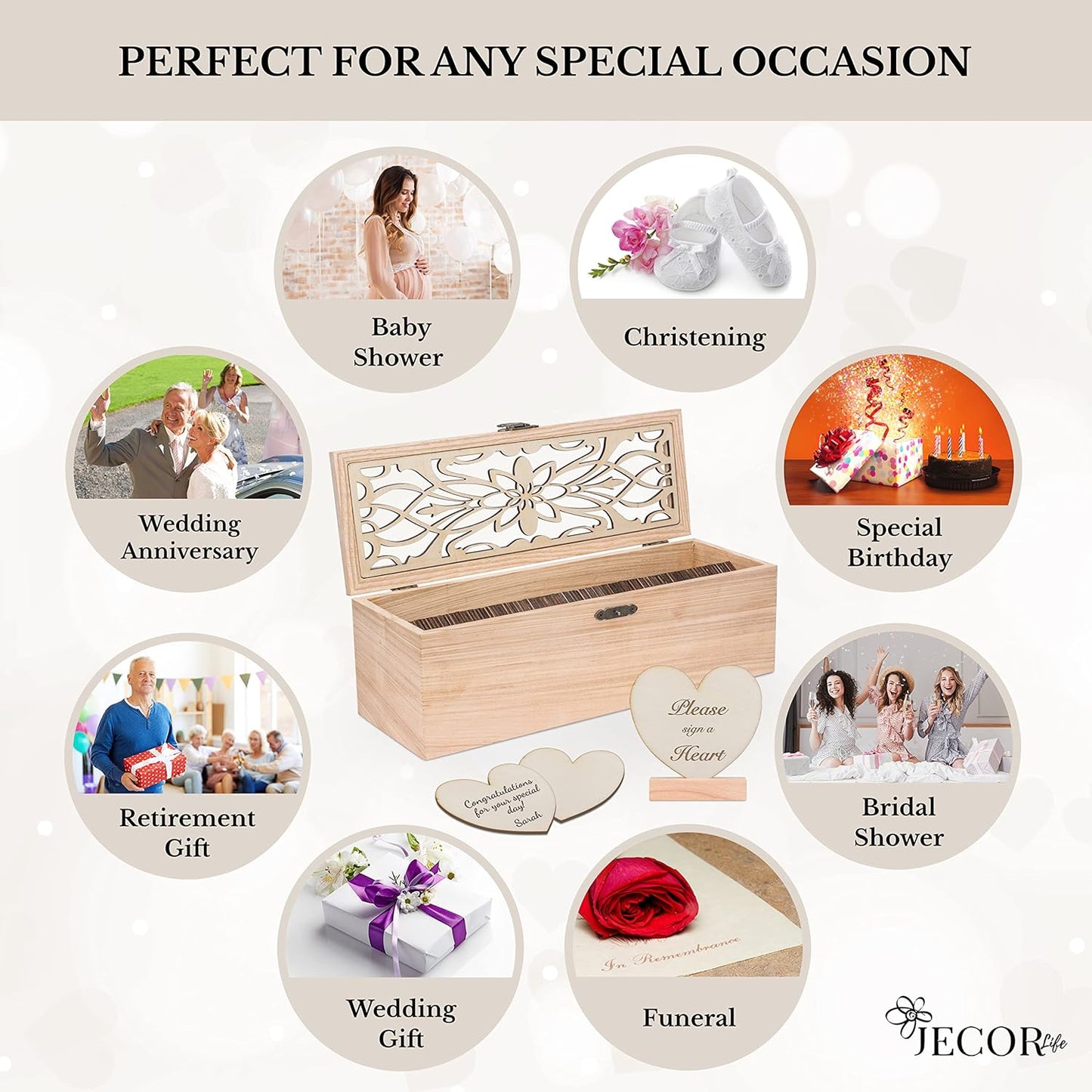 Alternative Guest Book Box - Wedding Guest book Alternative - 98 Large Wooden Hearts - Also for Baby Shower, Bridal Shower, Anniversary, Birthday, Retirement, Funeral Guest Book Alternatives - Pattern