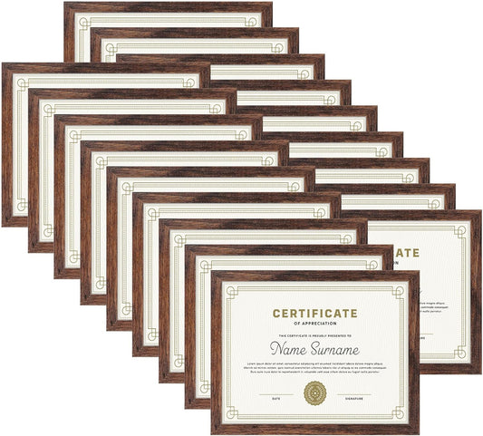 PETAFLOP Wooden Bulk 8.5x11 Picture Frame Set of 18, Rustic Brown Certificate Frames Fits 8.5 by 11 for Wall or Tabletop Display