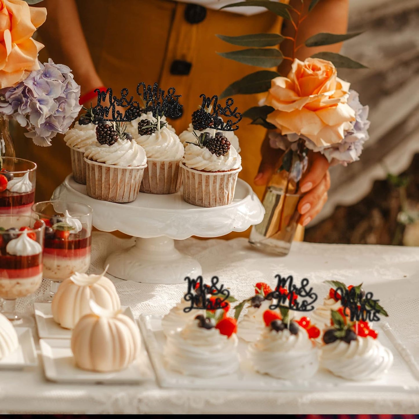 Gyufise 36Pcs Mr & Mrs Cupcake Toppers Glitter Bridal Shower Cupcake Picks for Wedding Engagement Theme Party Cake Decorations Supplies Black