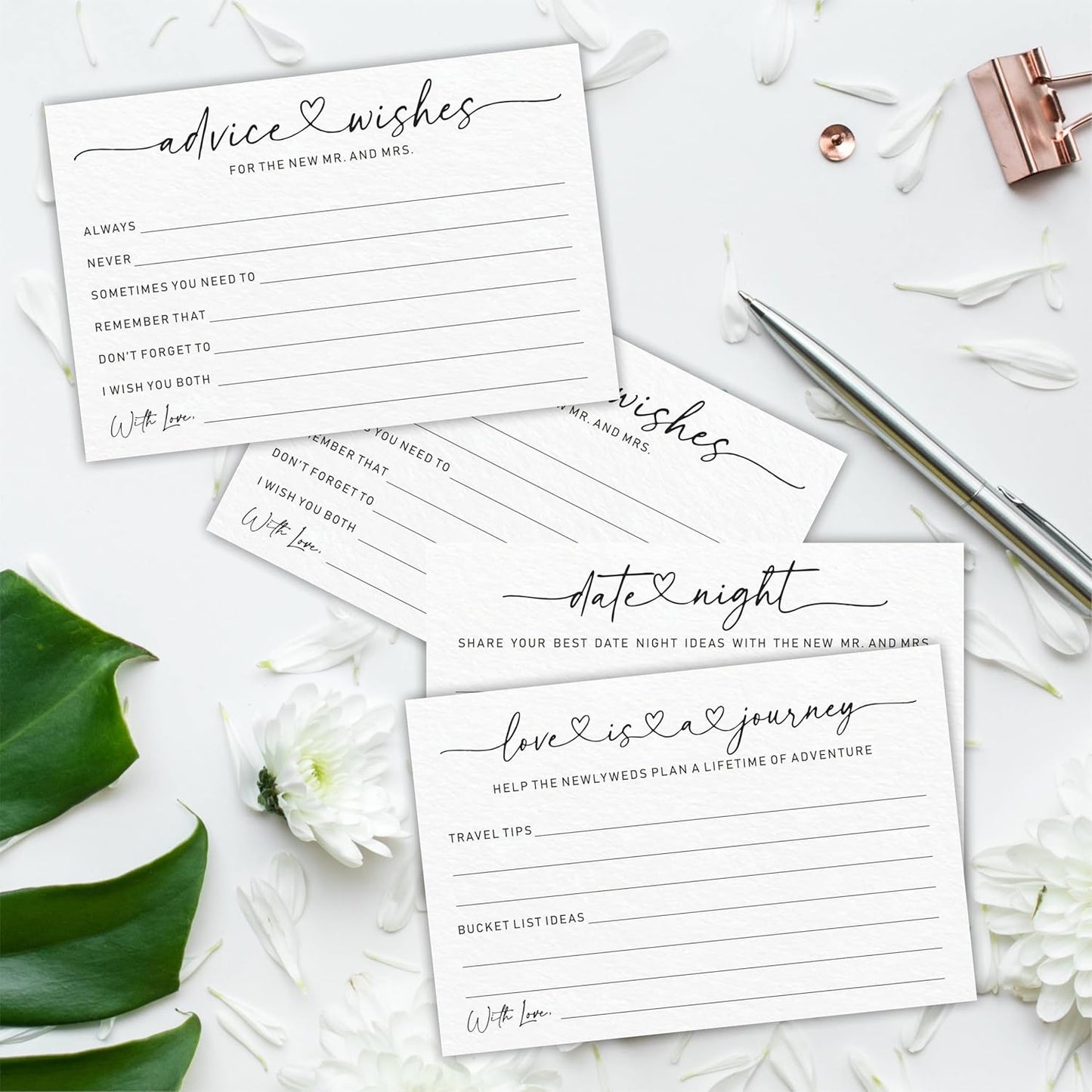 Wedding Advice Cards - Wishes For The New Mr & Mrs Wedding Advice Sign -A Standing Sign With 3 Types Of 4 x 6 Advice Cards -Bride and Groom Newlyweds Bridal Shower Decoration,Games(White) - C01