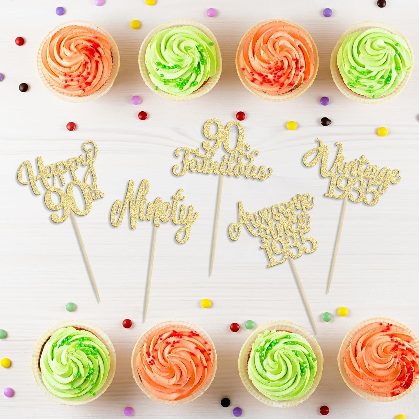 30Pcs Vintage 1935 Cupcake Toppers Glitter Ninety Happy 90th Birthday 90 Fabulous Cupcake Picks Awesome Since 1935 Cake Decorations for 90th Birthday Anniversary Retirement Party Supplies Gold