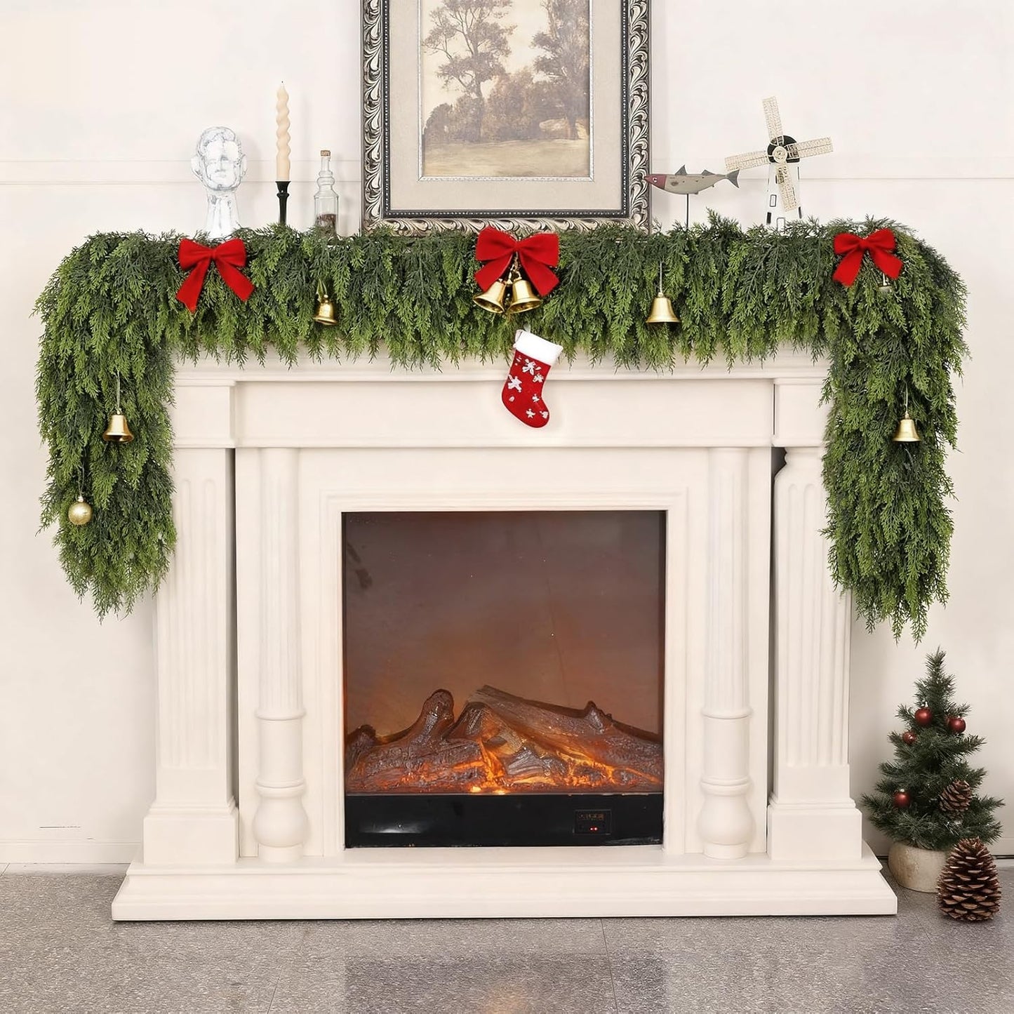 6FT Real Touch Cedar Garland - Artificial Christmas Garland Fake Green Faux Thick and Lush Pine Needles Garlands for Table Fireplace Mantle Holiday Home Indoor Outdoor Decor (2PCS)