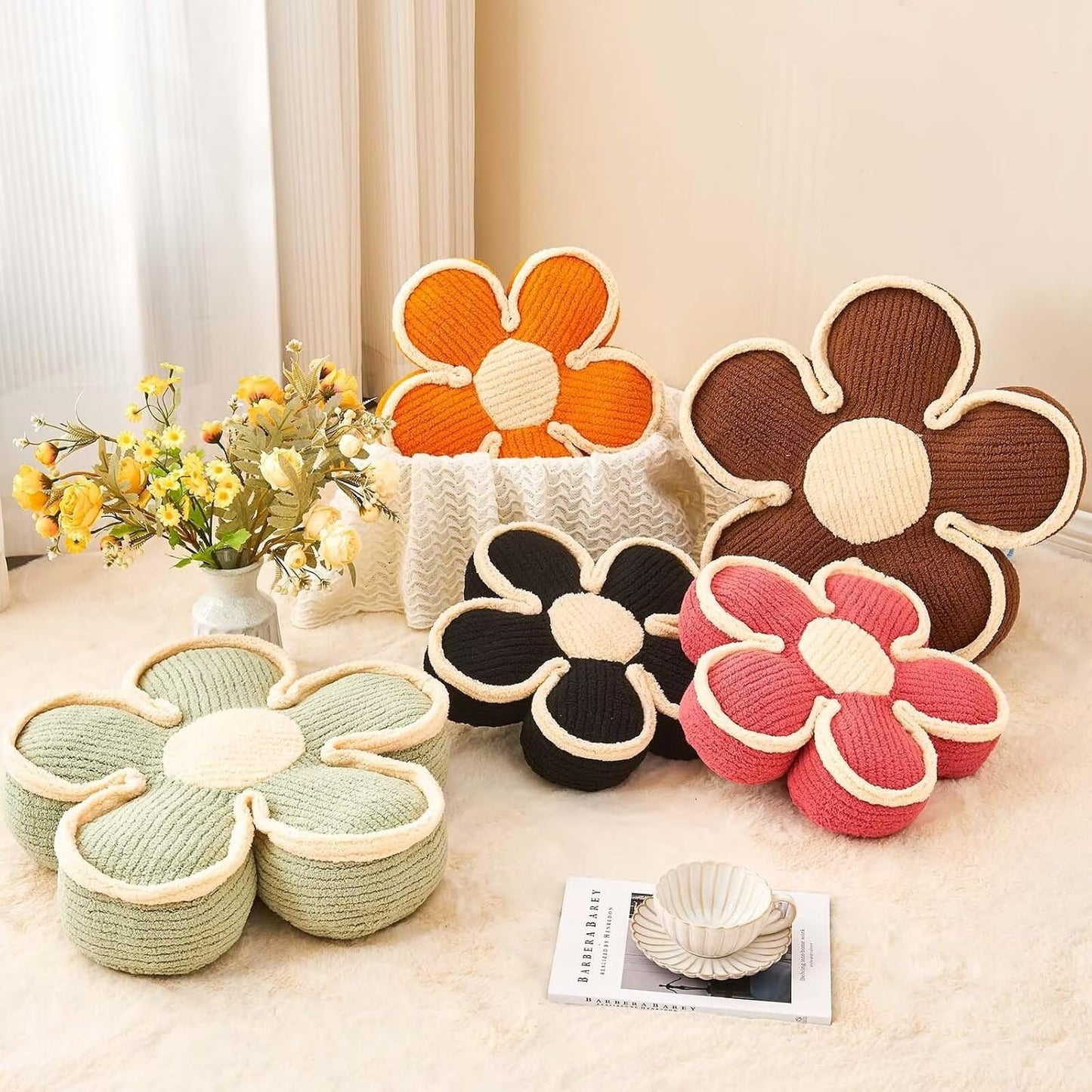 Soft Flower Shaped Floor Cushion, Plush Pillow for Sofa Couch Bed (13.7 Inch, Orange)