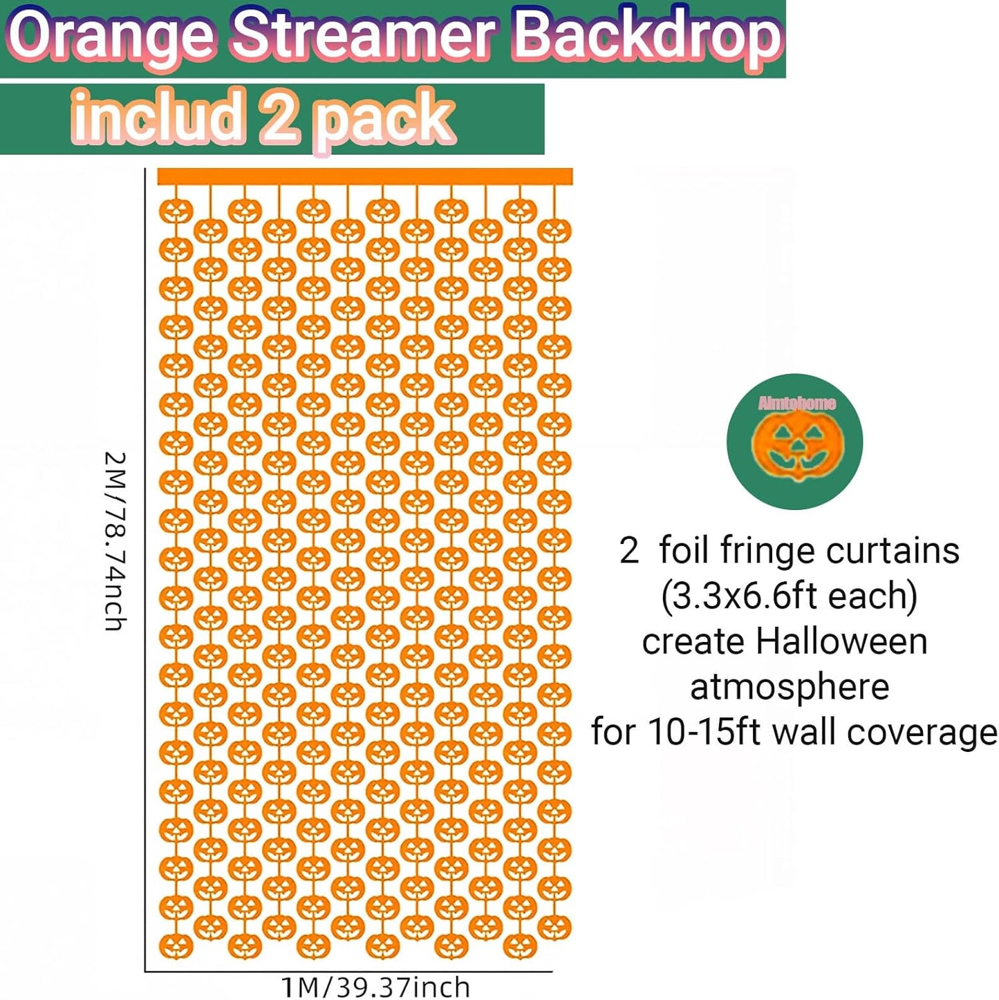 Halloween Thanksgiving Party Decorations - 2 Packs Orange Pumpkin Foil Fringe Streamers Curtains for Gothic Evil Birthday Baby Shower Wedding Wall Party Decor(3.3x6.6 ft)