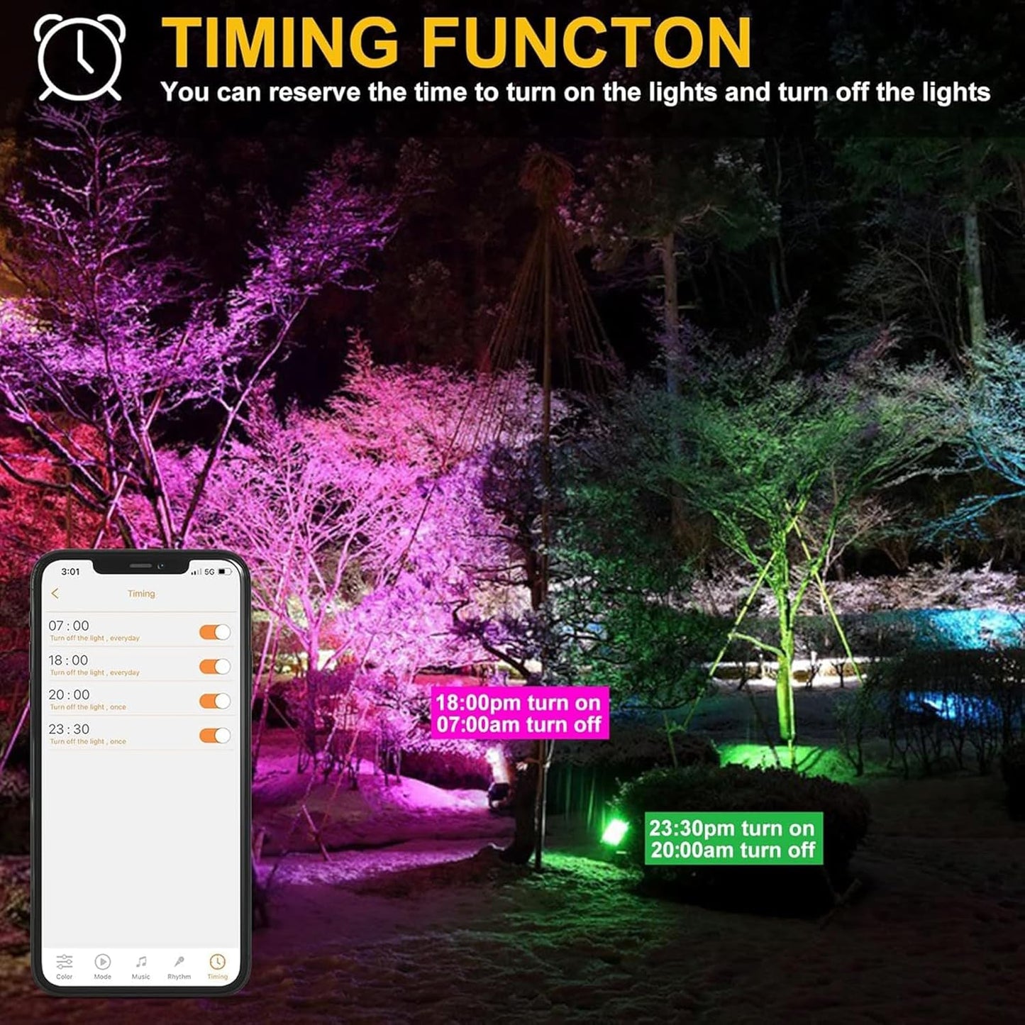 LED Flood Lights RGB Color Changing 500W Equivalent, Outdoor RGBW Bluetooth Smart Floodlights APP Control, IP66 Waterproof, Timing, 2700K&16 Million Colors 23 Modes for Stage Landscape Lighting 2 Pack