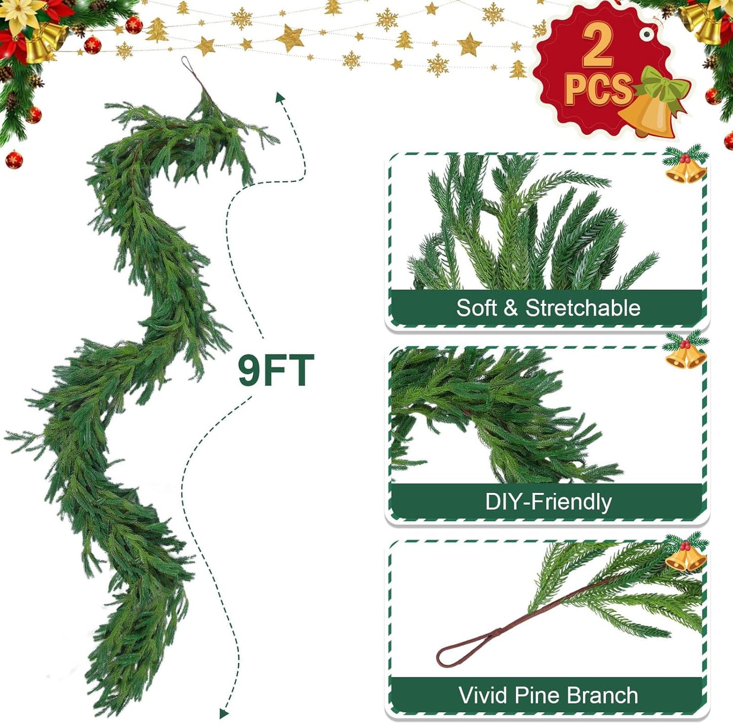 Hananona 9 Ft 2 Pcs Artificial Norfolk Pine Garlands, Realistic Pine Garland, Green Artificial Greenery Garland for Table, Mantle, Wall, Indoor, Outdoor Winter Christmas Decorations (2, 9 FT)