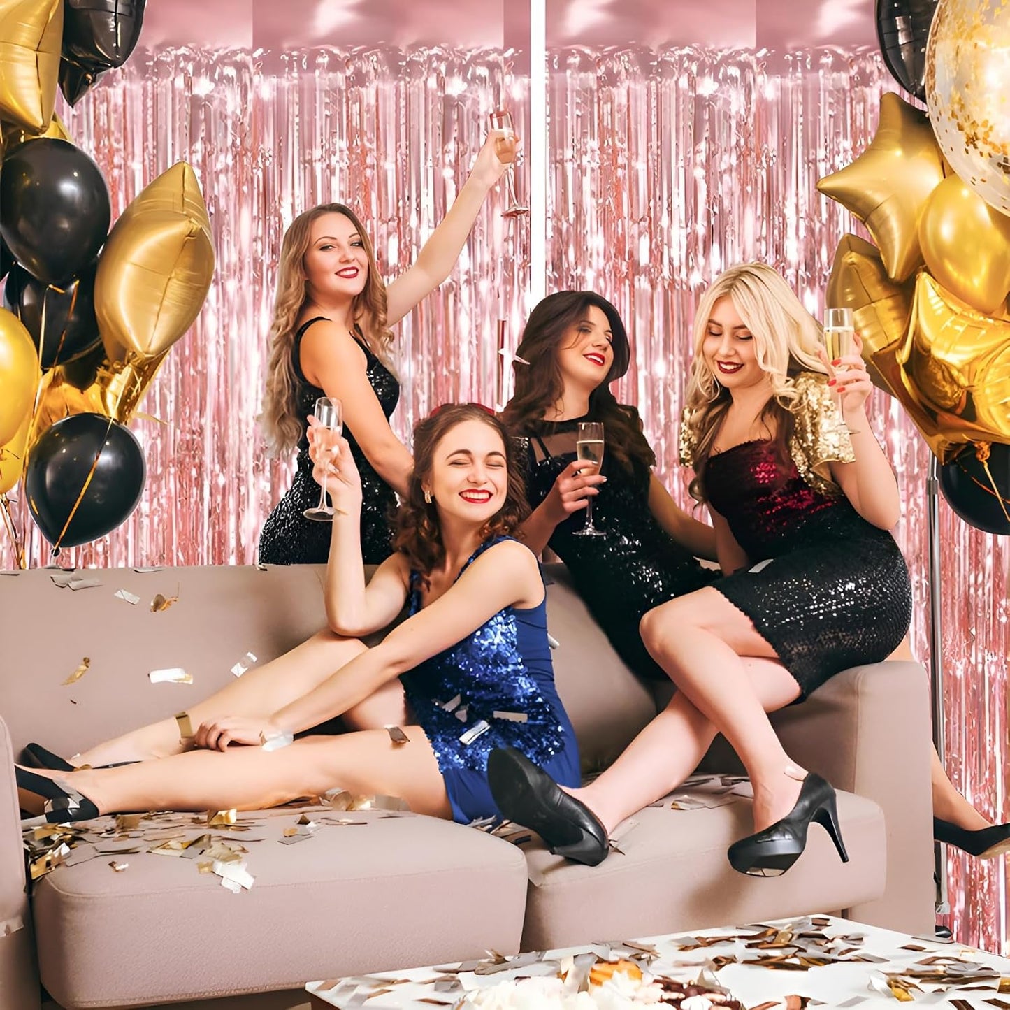 Keyali 2 Pack 3.3 * 8.3 ft Foil Curtain Metallic Tinsel Fringe Curtains Photo Booth Props Backdrop for Birthday Wedding Engagement Baby Shower Christmas Holiday Celebration Partyl,Rose Gold