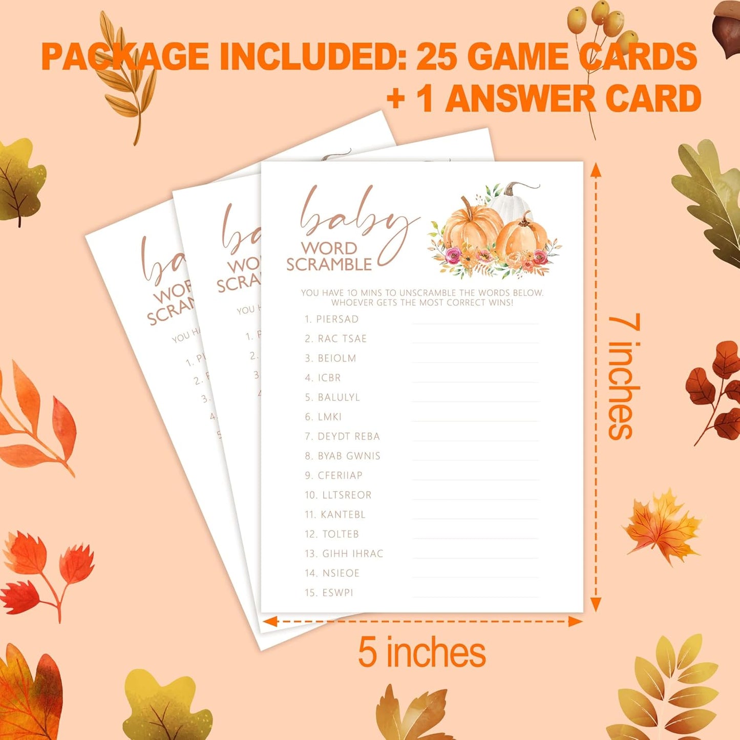 Baby Shower Games, Thanksgiving Baby Word Scramble + 1 Answer Card, 25 Sets Baby Gender Reveal Party Decorations Supplies - E07