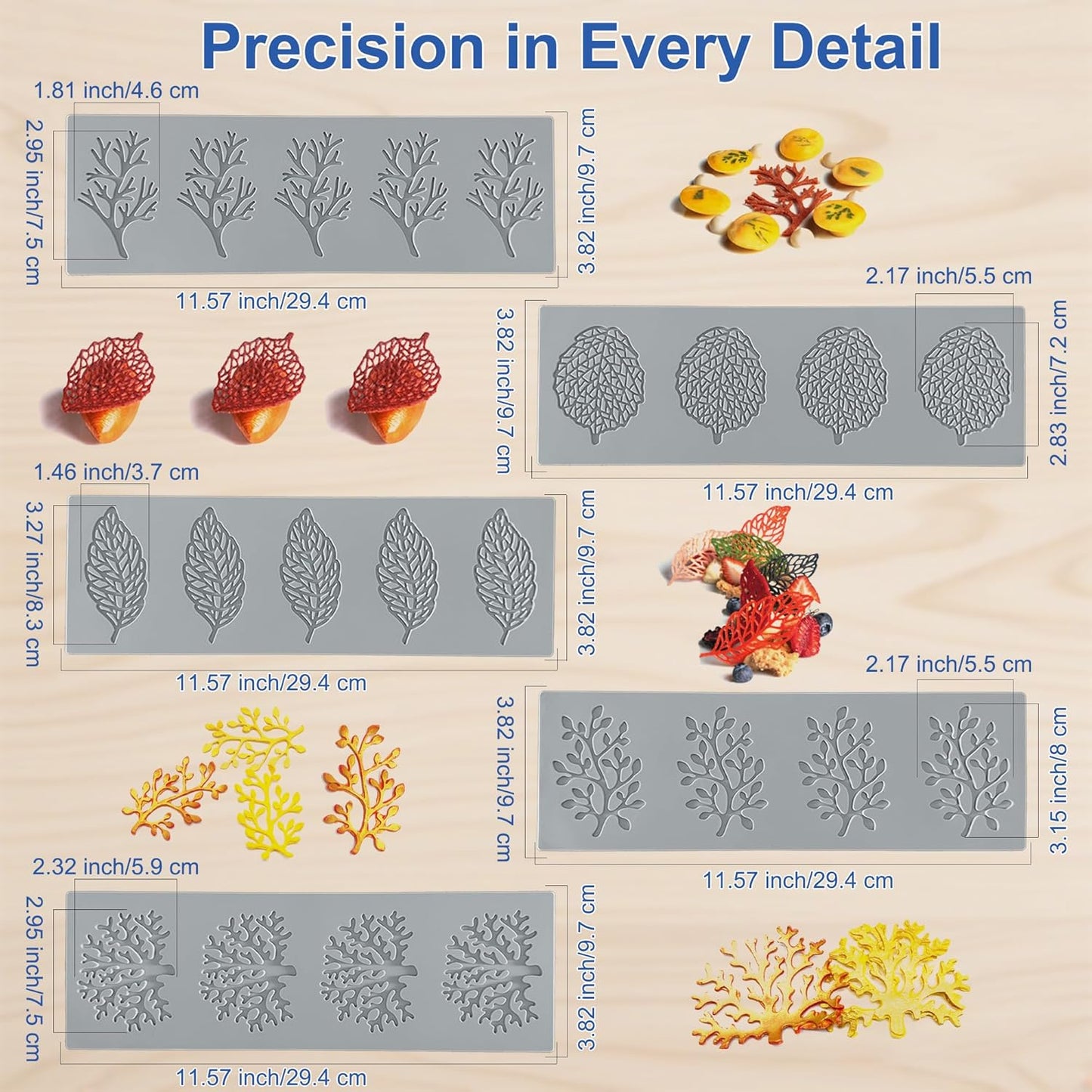 7Pcs Leaf Silicone Fondant Molds with Dough Scraper Silicone Spatula, 3D Coral Branch Leaf Chocolate Molds, DIY Baking, Sugar Craft, Wax, Gum Paste, Cupcakes, Clay