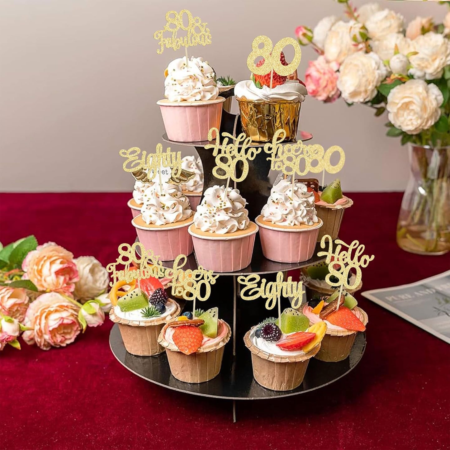 Gyufise 30Pcs Happy 80th Birthday Cake Topper, Gold, for Birthday Anniversary Party Decorations