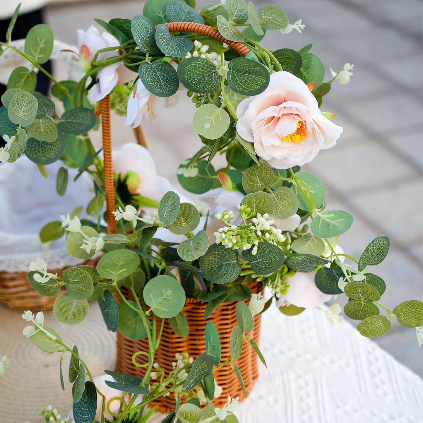 2Pcs Total 13 feet Eucalyptus Flower Garland with Fake Rose Flower, Artificial Fake Flowers Greenery Garland Floral Vines for Decoration Party Wedding Table Indoor Outdoor Backdrop Wall Decor（Pink）