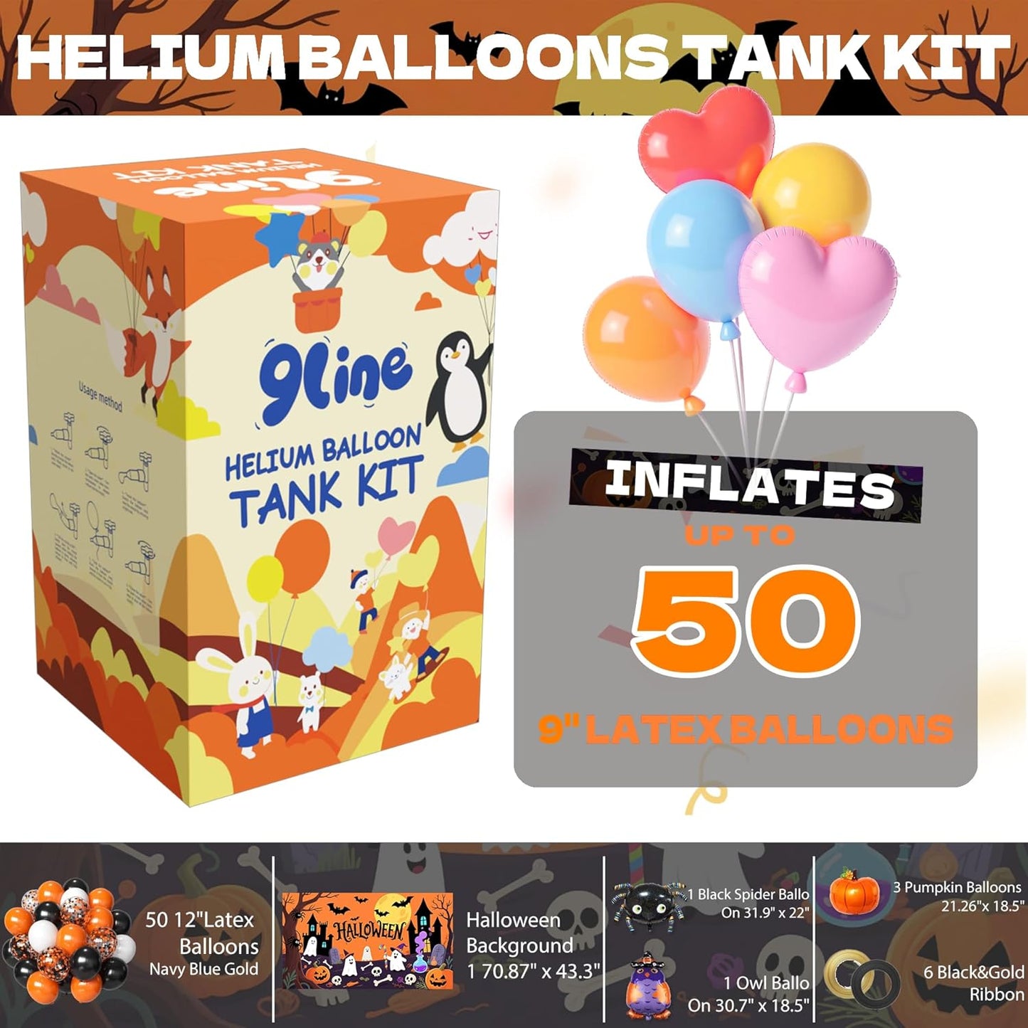 13L Helium Tank Up To 50 Latex Balloons,Helium Tank For Balloons At Home,50 12-Inch Orange&Black Latex Balloons, 5 Foil Balloons, 1Halloween 5.9X3.6Ft Backdrop, 8 Accessory Tools