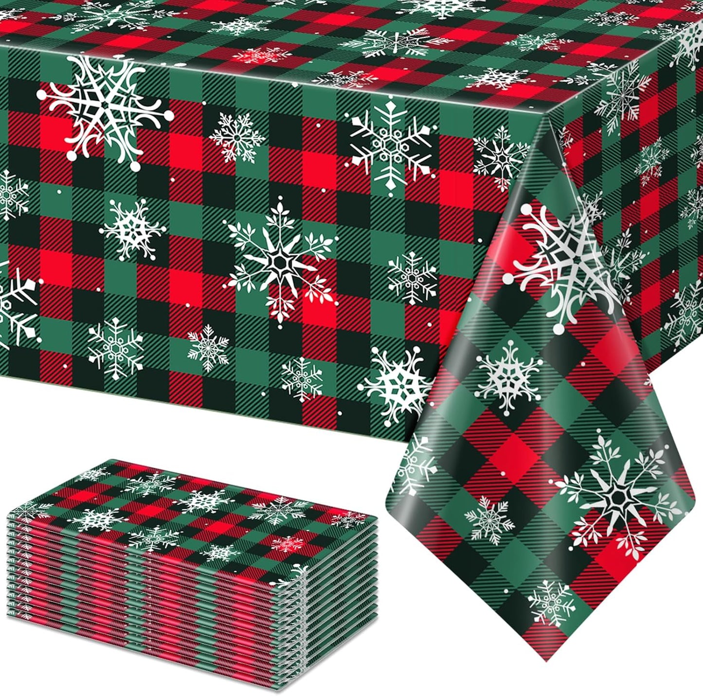 12Pcs Christmas Buffalo Plaid Snowflake Party Tablecloths Decorations,Plastic Red and Green Checkered Rectangle Table Cover for Winter Christmas New Year Birthday Holiday Party Decorations,54x108 inch
