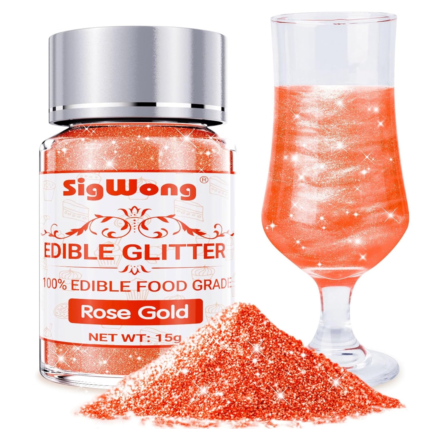 Rose Gold Edible Glitter - 15g Food Grade Luster Dust Powder, Cake Decorating Sprinkle Glimmery Dust for Drinks, Wine, Fondant, Chocolate, Candy, Cookie, Vegan