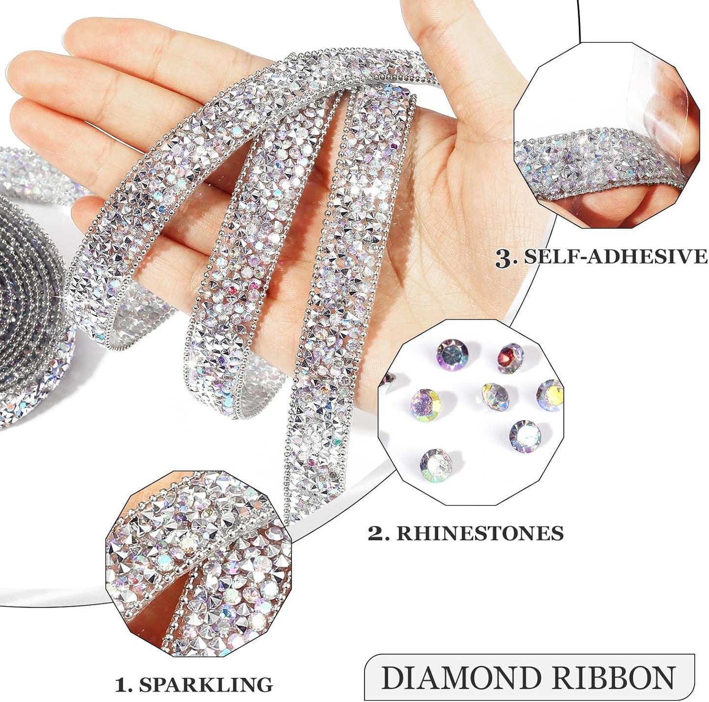 Rhinestone Ribbon 3 Yards Self Adhesive Rhinestone Strips Diamond Ribbon Sticker Crystal Roll Glitter Bling Rhinestones Tape for Crafting DIY Art Decoration (Silver AB,0.6 Inch)