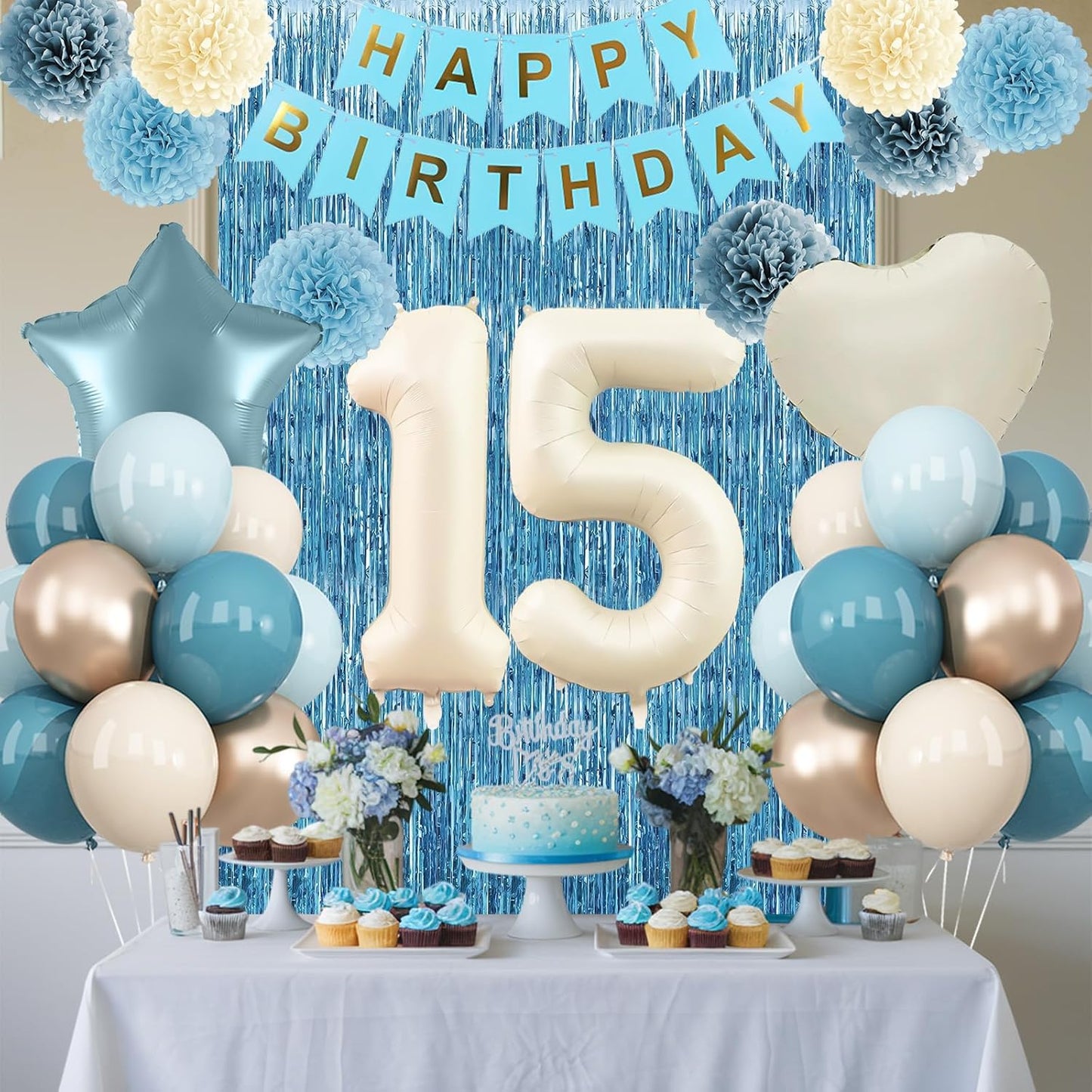 Dusty Blue 15th Birthday Party Decorations Boys Girls Beige Cream Number 15 Balloon with Blue Gold Happy Birthday Banner Fringe Curtain Paper Pom Poms Nude White Sand Champagne Star Foil Balloons