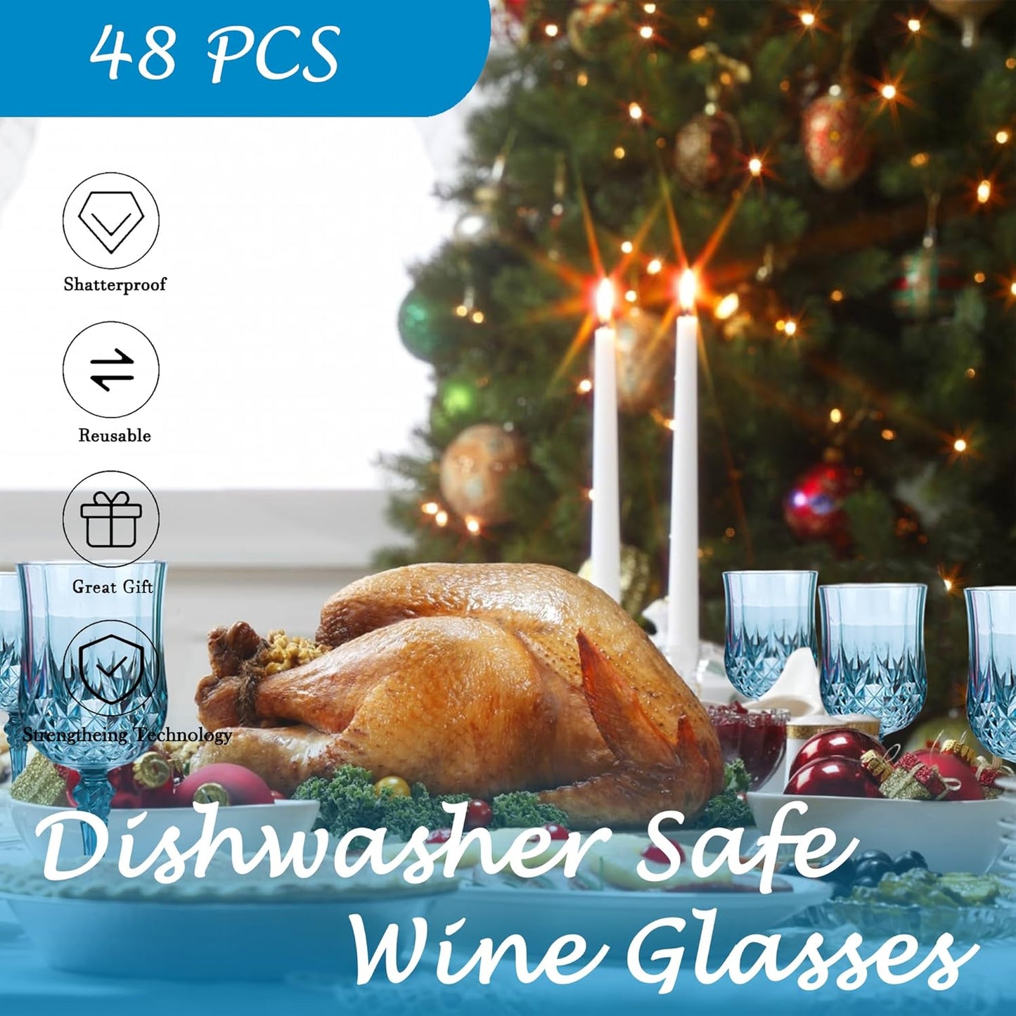 Plastic Wine Glasses，Plastic Goblets Vintage Style Cordial Drinking Glasses for Wedding Reception, Grand Event Party Supplies (48, Dusty Blue)