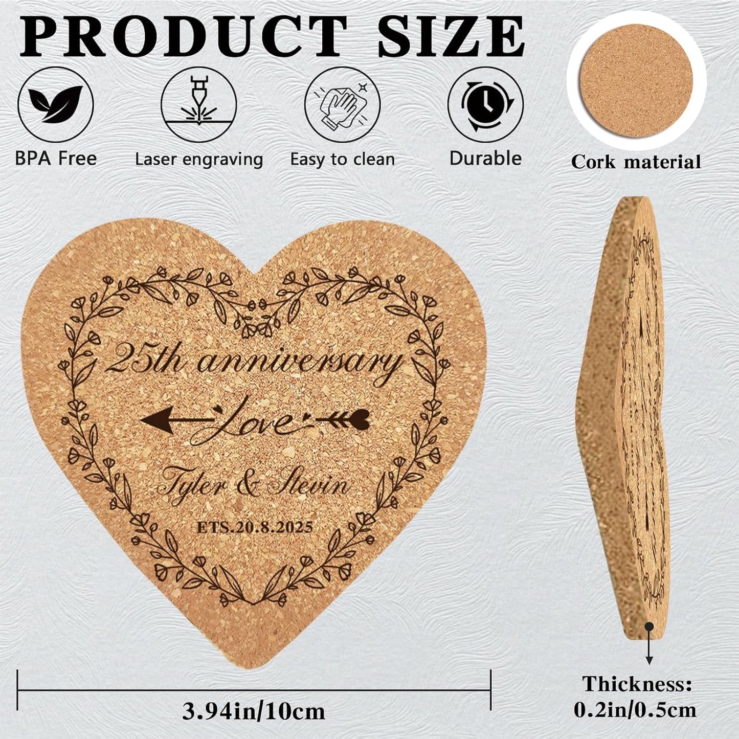 Custom Coasters Personalized Cork Coasters Bulk with Logo Wedding Personalized Cork Natural Wood Engraved Drink for Wedding Favors (Cork Coasters - Heart)