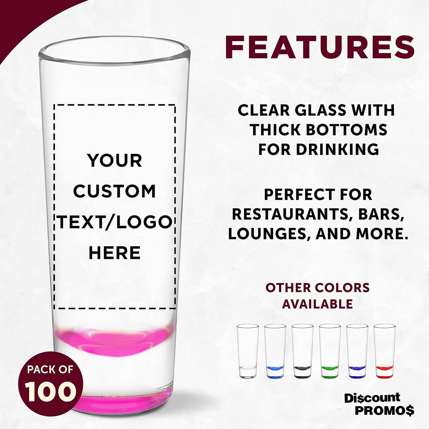 Custom Cordial Shooter Shot Glasses 2 oz. Set of 100, Personalized Bulk Pack - Great for Birthdays, Parties, Indoor & Outdoor Events - Pink