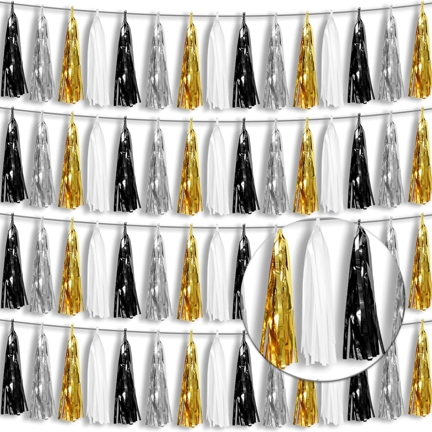 4P Black Gold Silver Foil Fringe Tassel Banner Garland Metallic Tinsel Streamers Wall Hanging Curtain Backdrop Banner for Parade Floats, 2024 Graduation Decorations, New Years Decorations, Father' Day
