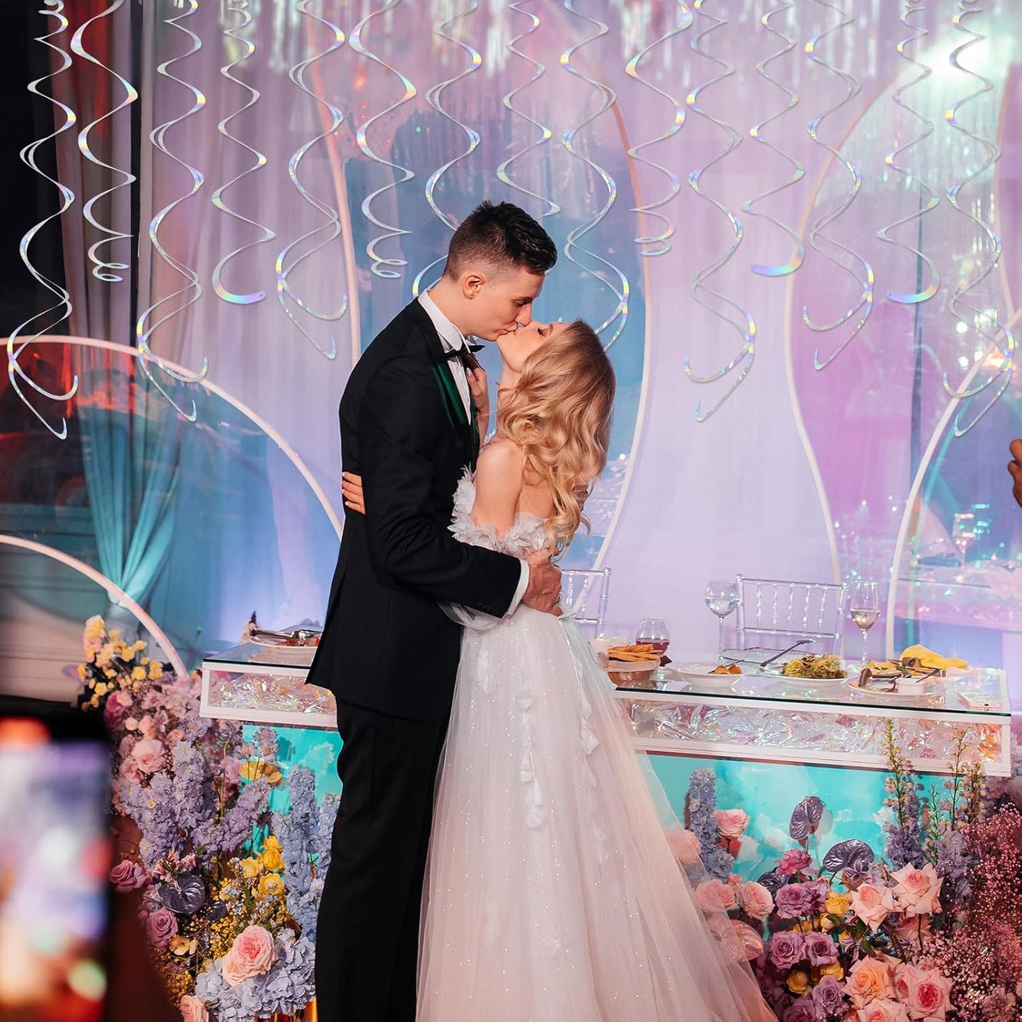 24 PCS Iridescent Hanging Swirl, Shinny Holographic Ceiling Decorations, Plastic Streamer Party Decorations with Double-Swirls and Single-Swirls for Birthday Decorations, Wedding, Baby Shower