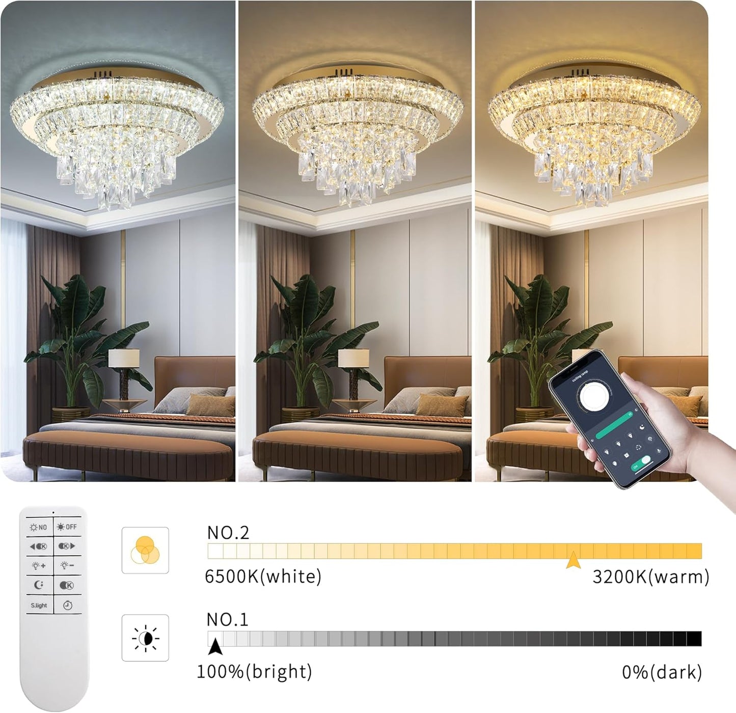 18 inch Crystal Gold Ceiling-Light Flush Mount with Remote Control and APP, 3CCT Dimmable & Brightness Adjustable, Modern Crystal Raindrop Chandeliers for Bedroom Hallway Dinning Room Living Room