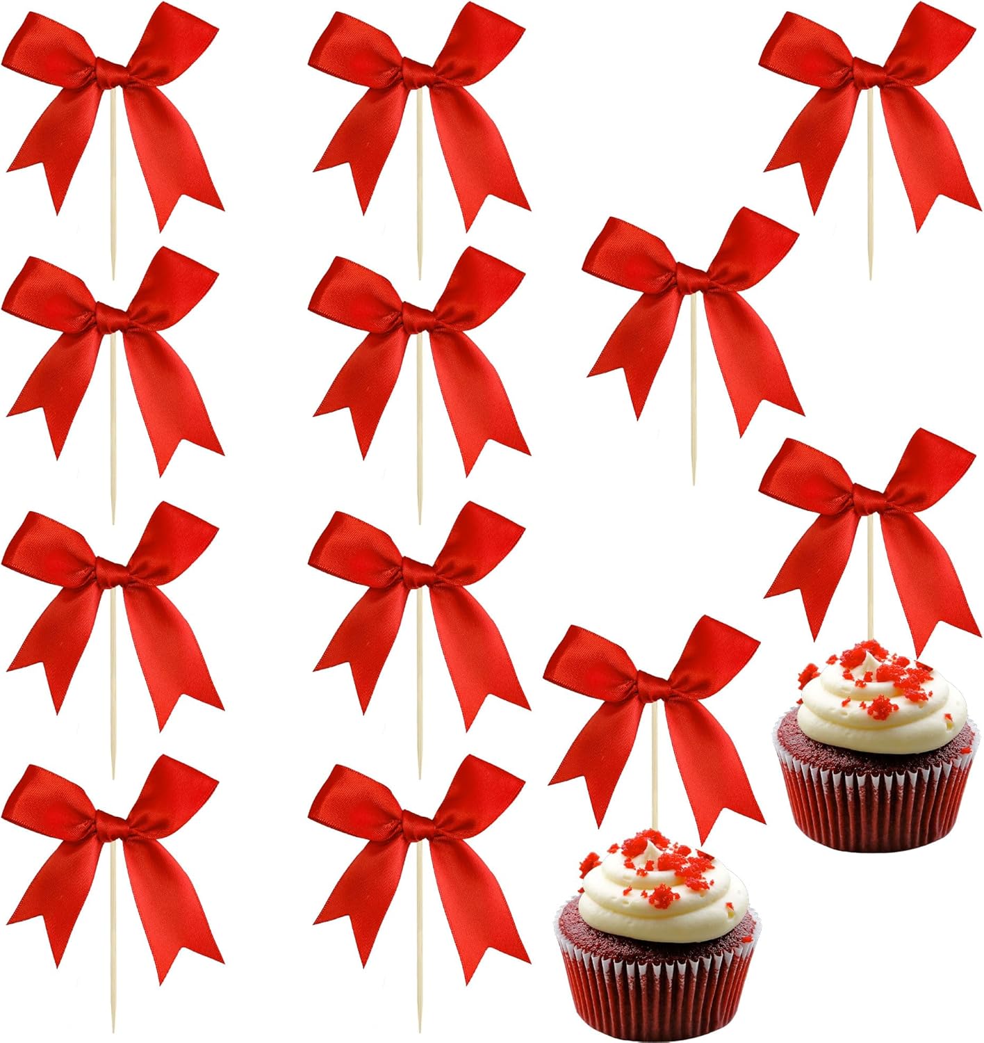 Ephlyn 24Pcs Red Bow Cupcake Toppers Bow Cake Topper Birthday Decorations Mini Bowknot Cupcake Picks for Coquette Theme Party Decoration Bachelorette Bridal Engagement Wedding Party Red