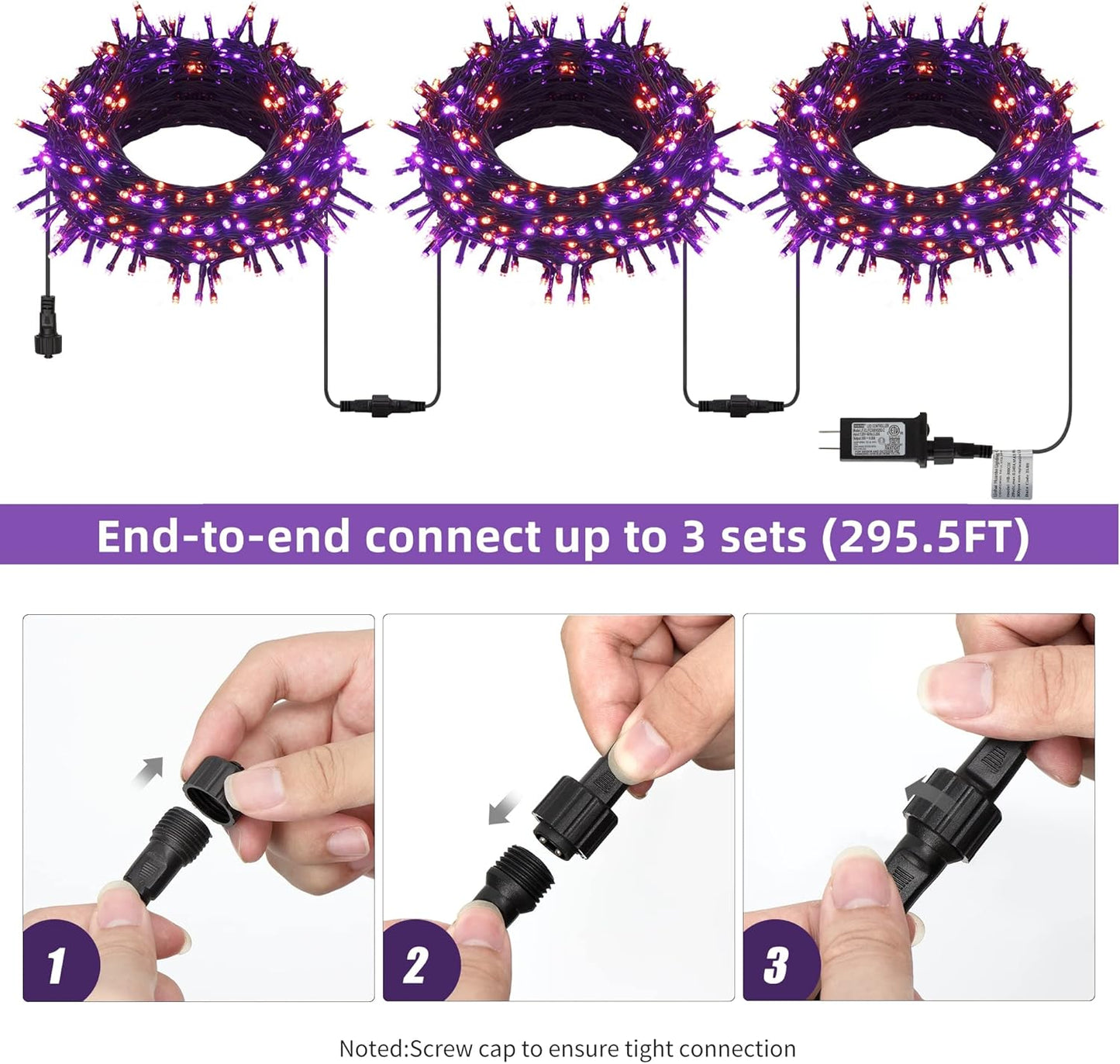 300 LED Halloween String Lights, 98.5FT with 8 Modes, Waterproof, Plug in for Indoor/Outdoor Party Decorations (Purple & Orange)