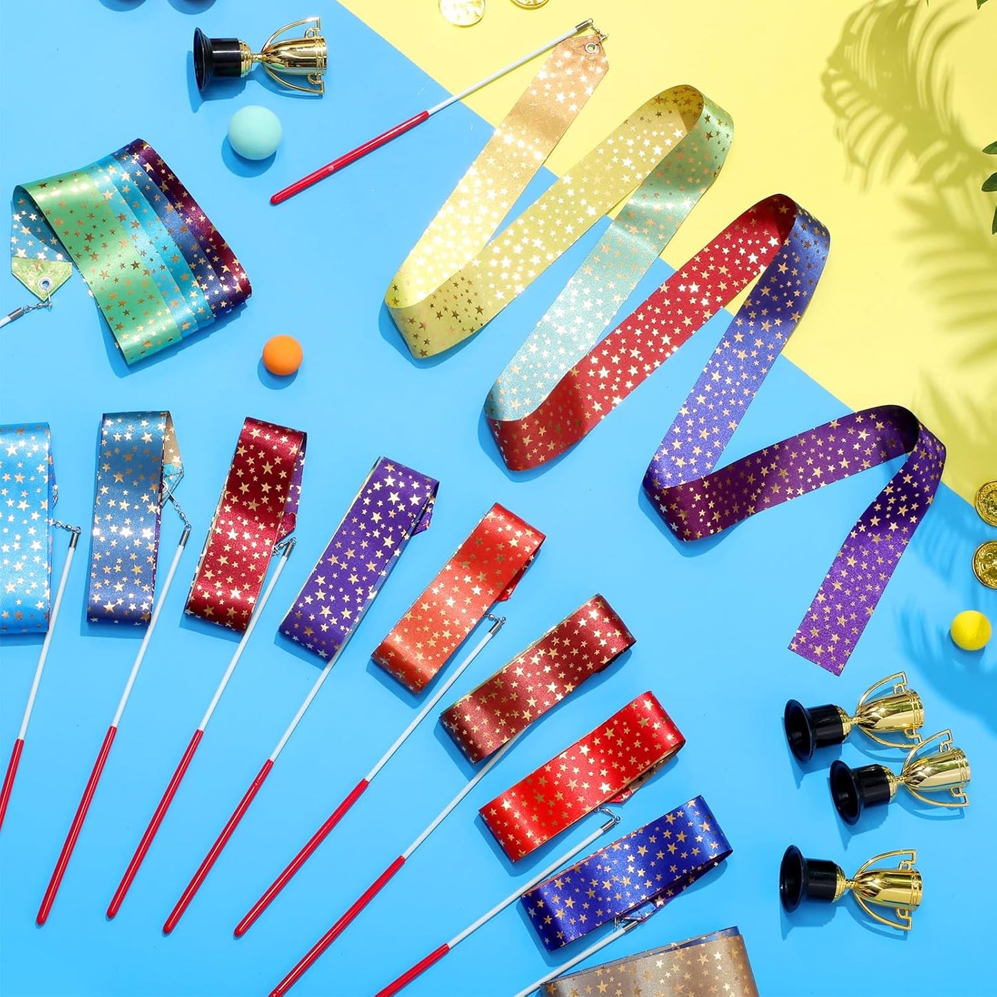 Yilloog 50 Pcs Ribbon Dancing Wands Party Favors, 78.7 Inch Artistic Gymnastics Ribbon Streamers Twirling Wands, Rainbow Birthday Decorations