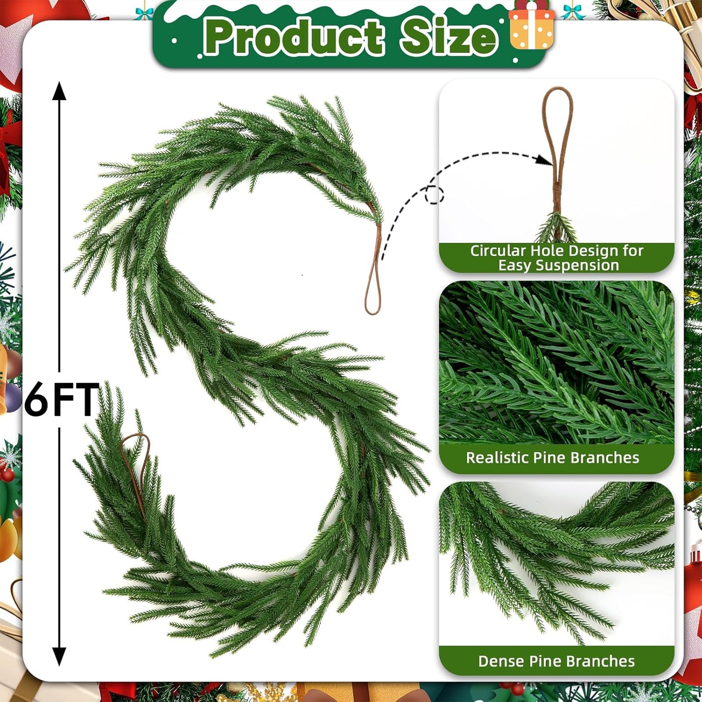 12 FT (2 * 6FT) Norfolk Pine Garland Artificial, Realistic Christmas Greenery for Mantle Table Wall, Real Touch Winter Pine Garland for Christmas Indoor Outdoor Decor (80 Branches)